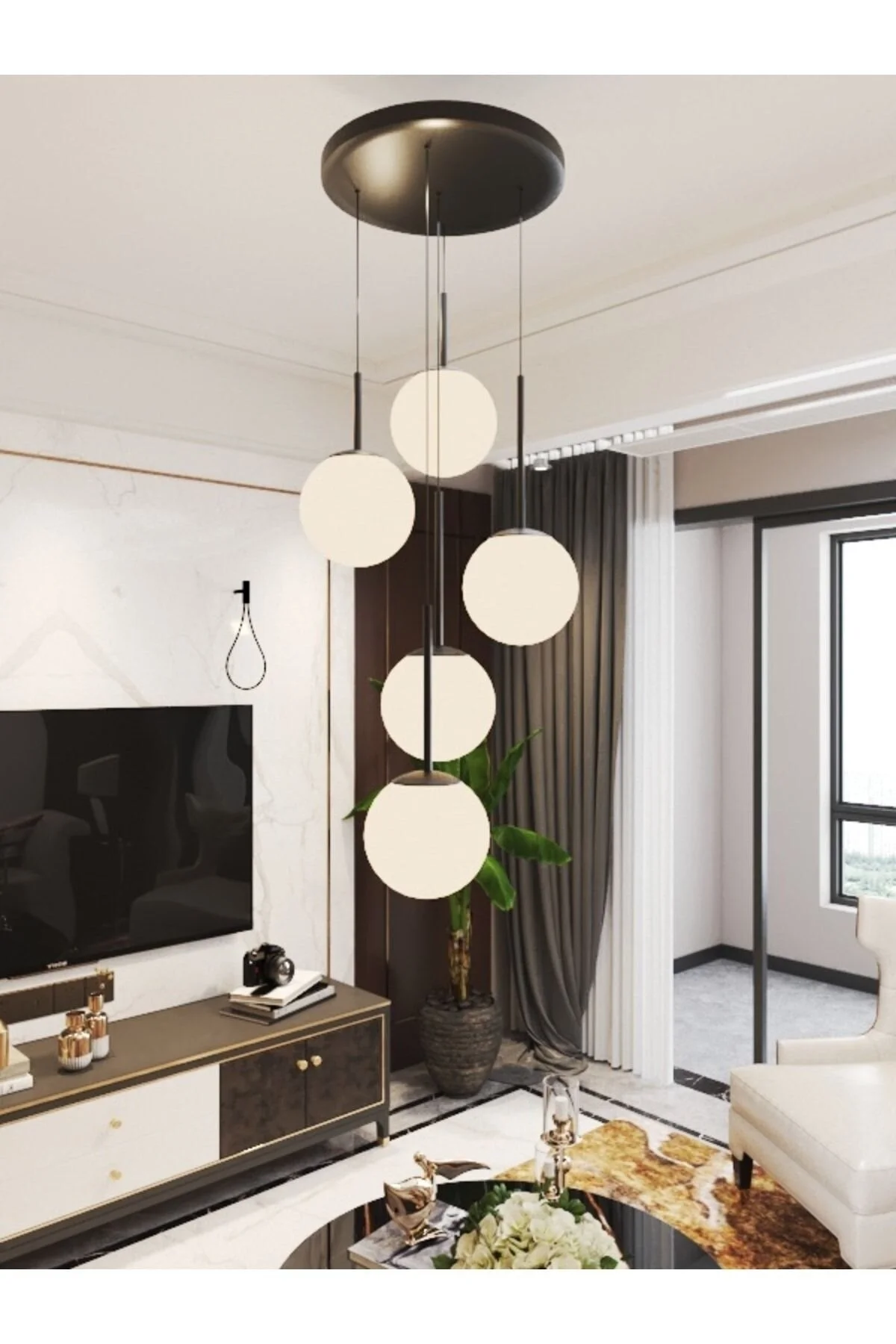 avizade DORA 5'li Eskitme Metal Bal Cam Küre Sıralı Sarkıt Avize – Modern Dekoratif Yemek Masası Avizesi, Salon ve Mutfak Ada Aydınlatması, Tavan Aydınlatması, E27 Duy Uyumlu