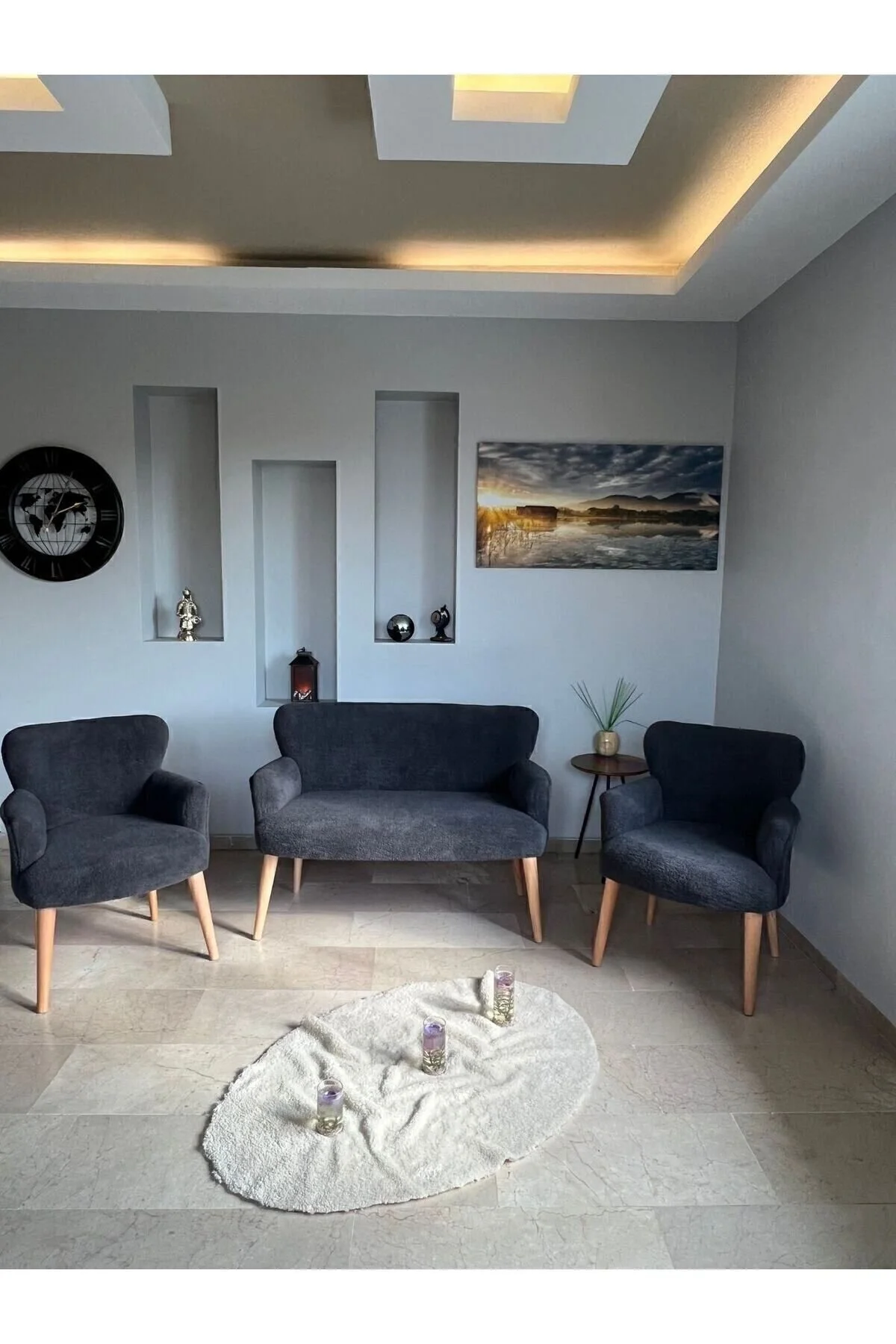 Azra Aksesuar Azra Aksesuar Çay Seti Oturma Grubu, Puffy Kumaş Koltuk Takımı, Ahşap Ayak, Balkon Bahçe Mobilyası