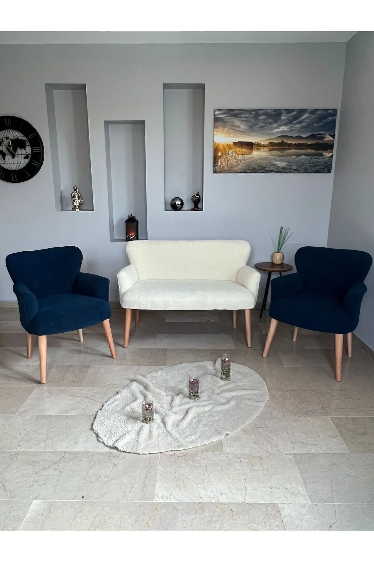 Azra Aksesuar Azra Aksesuar Çay Seti Oturma Grubu, Puffy Kumaş Koltuk Takımı, Ahşap Ayak, Balkon Bahçe Mobilyası