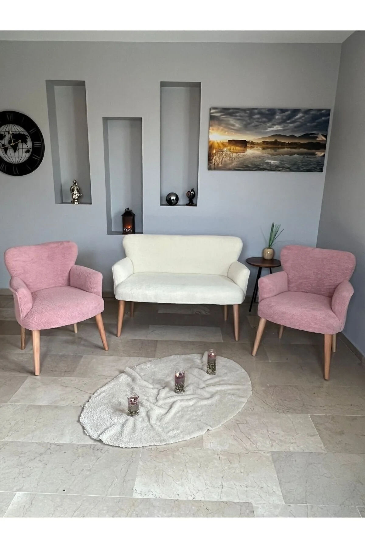 Azra Aksesuar Azra Aksesuar Çay Seti Oturma Grubu, Puffy Kumaş Koltuk Takımı, Ahşap Ayak, Balkon Bahçe Mobilyası