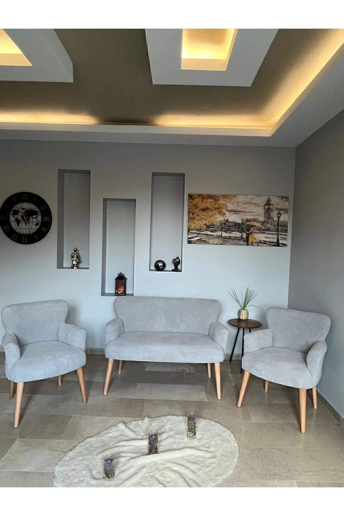 Azra Aksesuar Azra Aksesuar Çay Seti Oturma Grubu, Puffy Kumaş, Koltuk Takımı, Ahşap Ayak, Balkon Bahçe Mobilyası