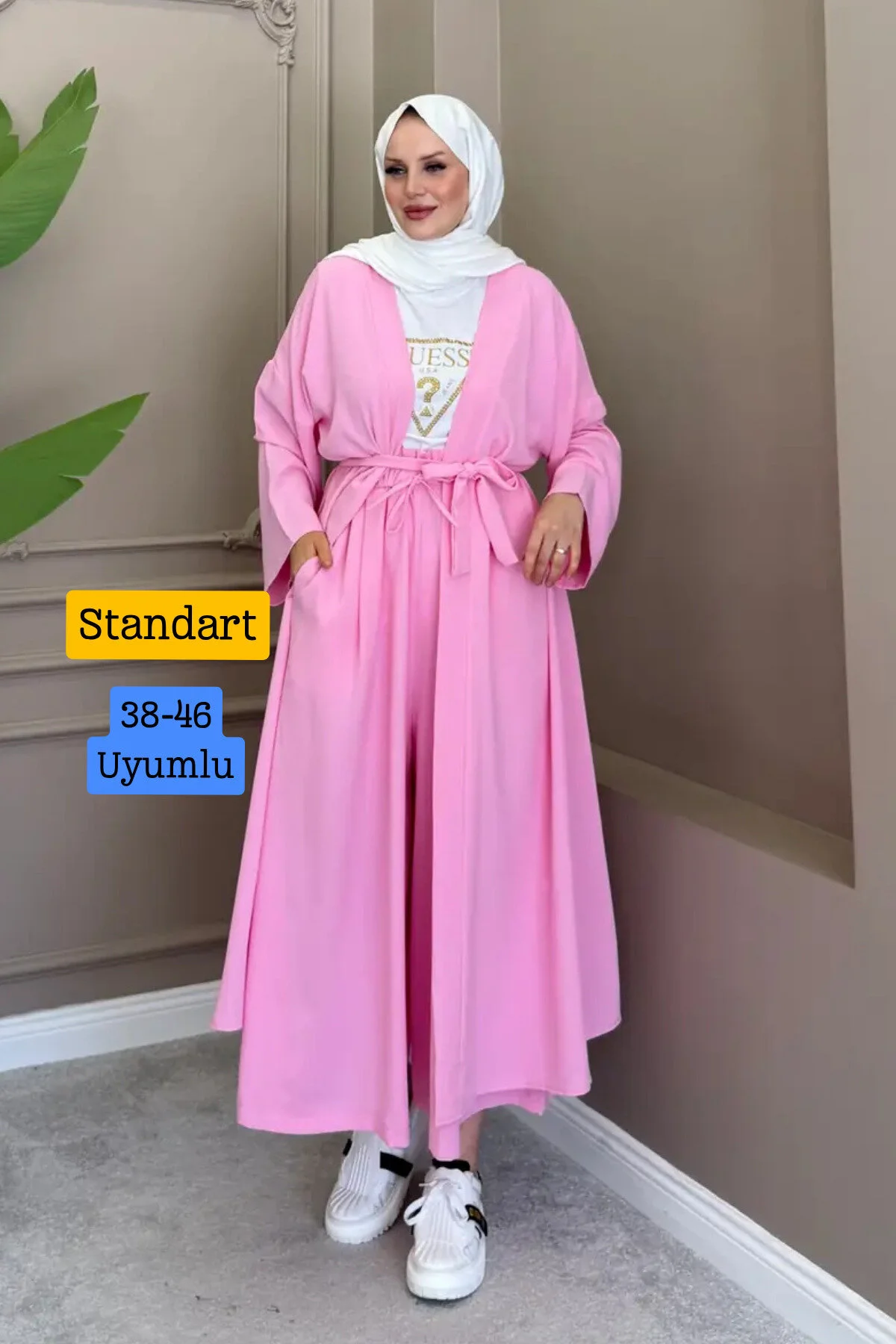 Balenbi Kadın Kuşaklı Kimono Hırka Bol Paça Pantolon 2'li Abaya Takım 1230 Sarı