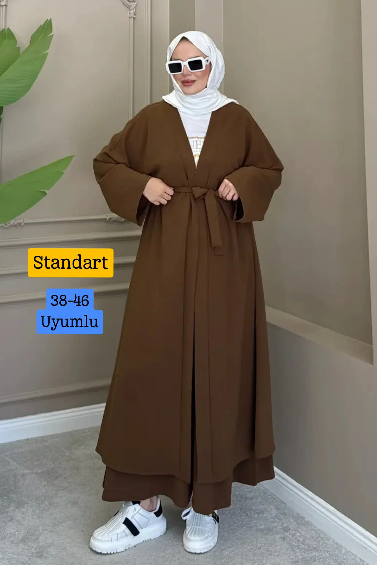 Balenbi Kadın Kuşaklı Kimono Hırka Bol Paça Pantolon 2'li Abaya Takım 1230 Sarı