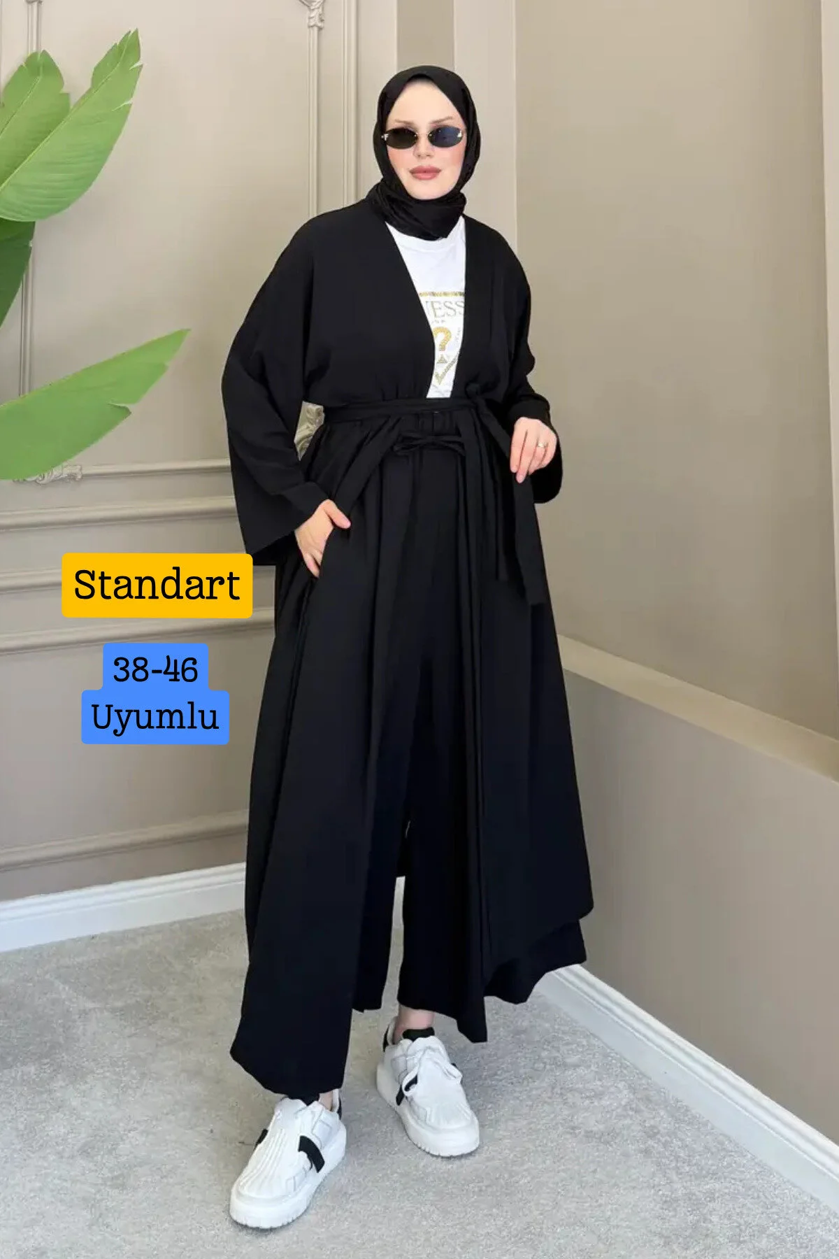 Balenbi Kadın Kuşaklı Kimono Hırka Bol Paça Pantolon 2'li Abaya Takım 1230 Sarı