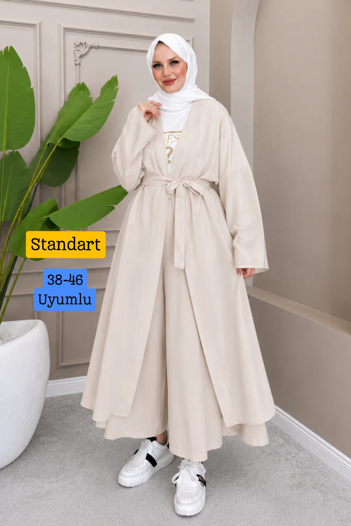 Balenbi Kadın Kuşaklı Kimono Hırka Bol Paça Pantolon 2'li Abaya Takım 1230 Sarı