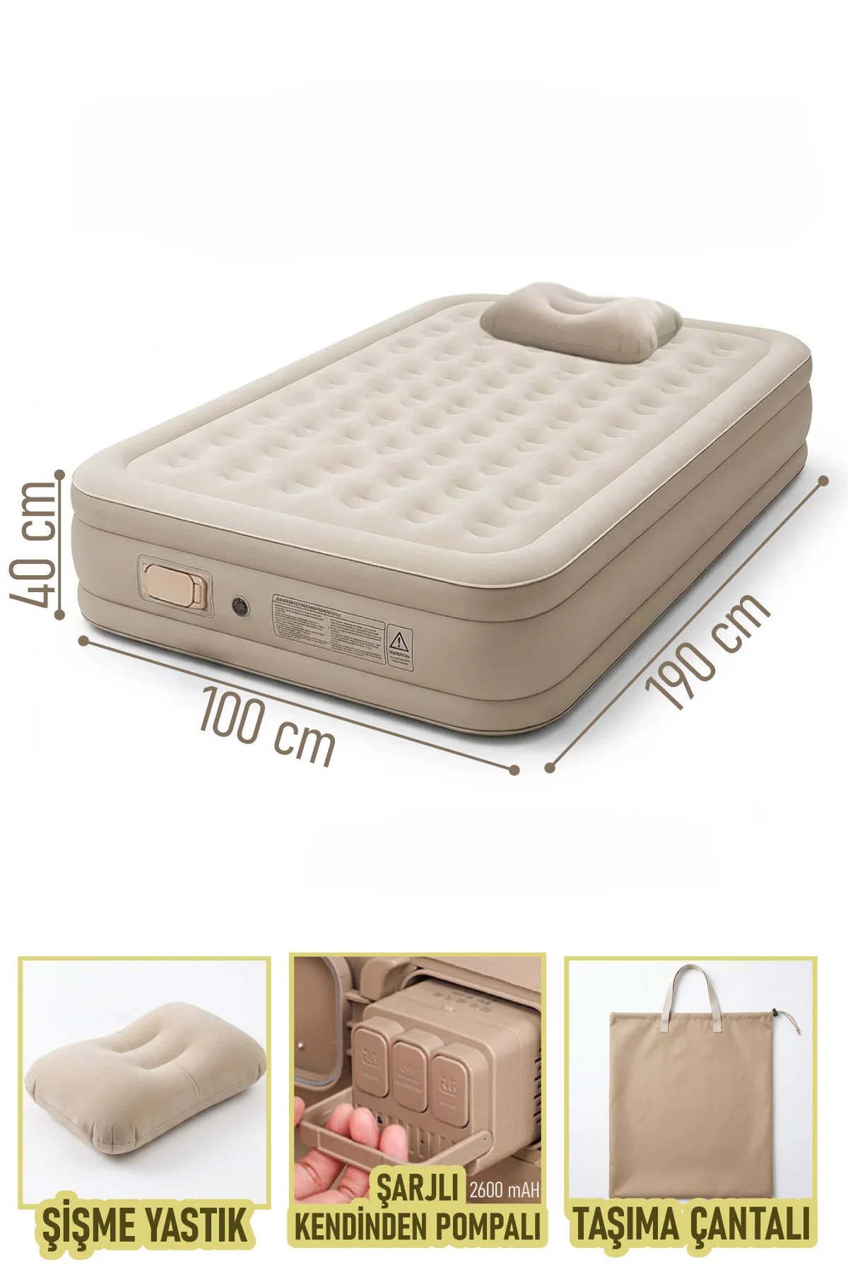Blooma Çift Kişilik Kendinden Pompalı Şişme Yatak 150x200x40 cm 2 Yastık- Şarjlı Dahili Pompalı