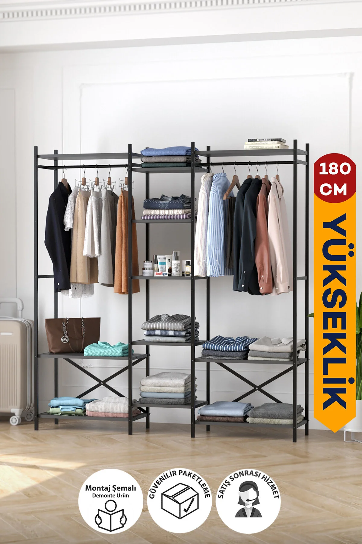 Bofigo 10 Raflı Metal Gardırop Metal Portmanto Açık Gardırop Elbise Dolabı Vestiyer Openix Çam