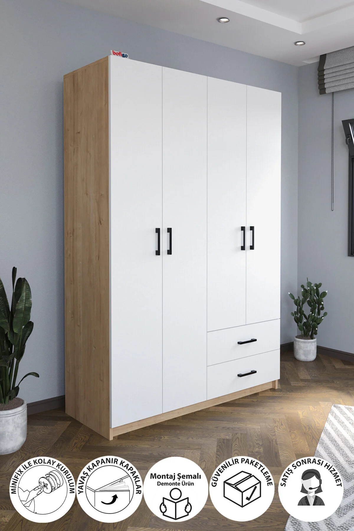 Bofigo 6 Kapaklı 16 Raflı Gardırop Elbise Dolabı 6 Kapaklı Gardırop Smyrna Safir Meşe Beyaz