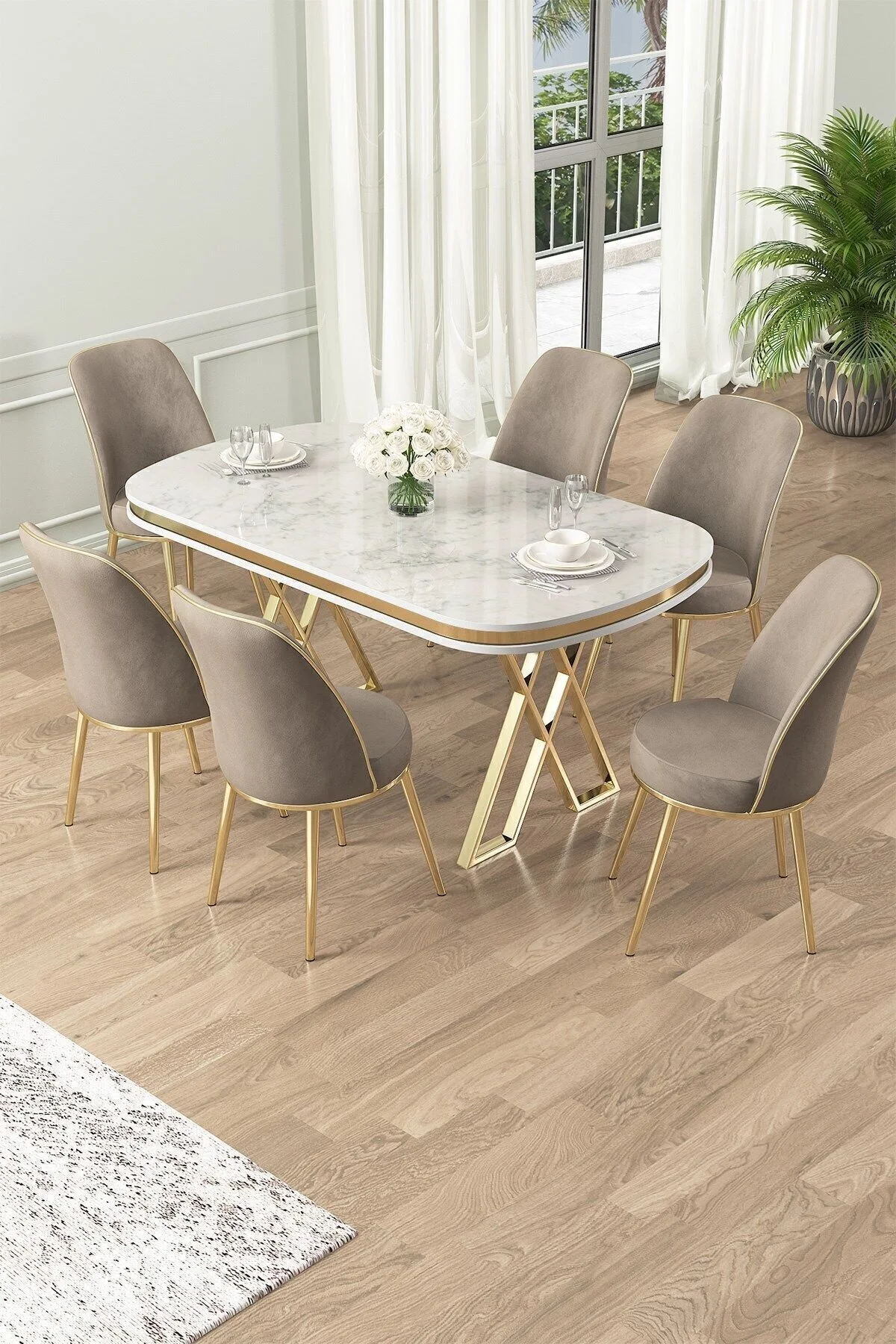 Canisa Lai Serisi 90x168 Lak Panel Beyaz Mermer Desen Gold Ayak Masa Takımı 6 Krem Sandalye