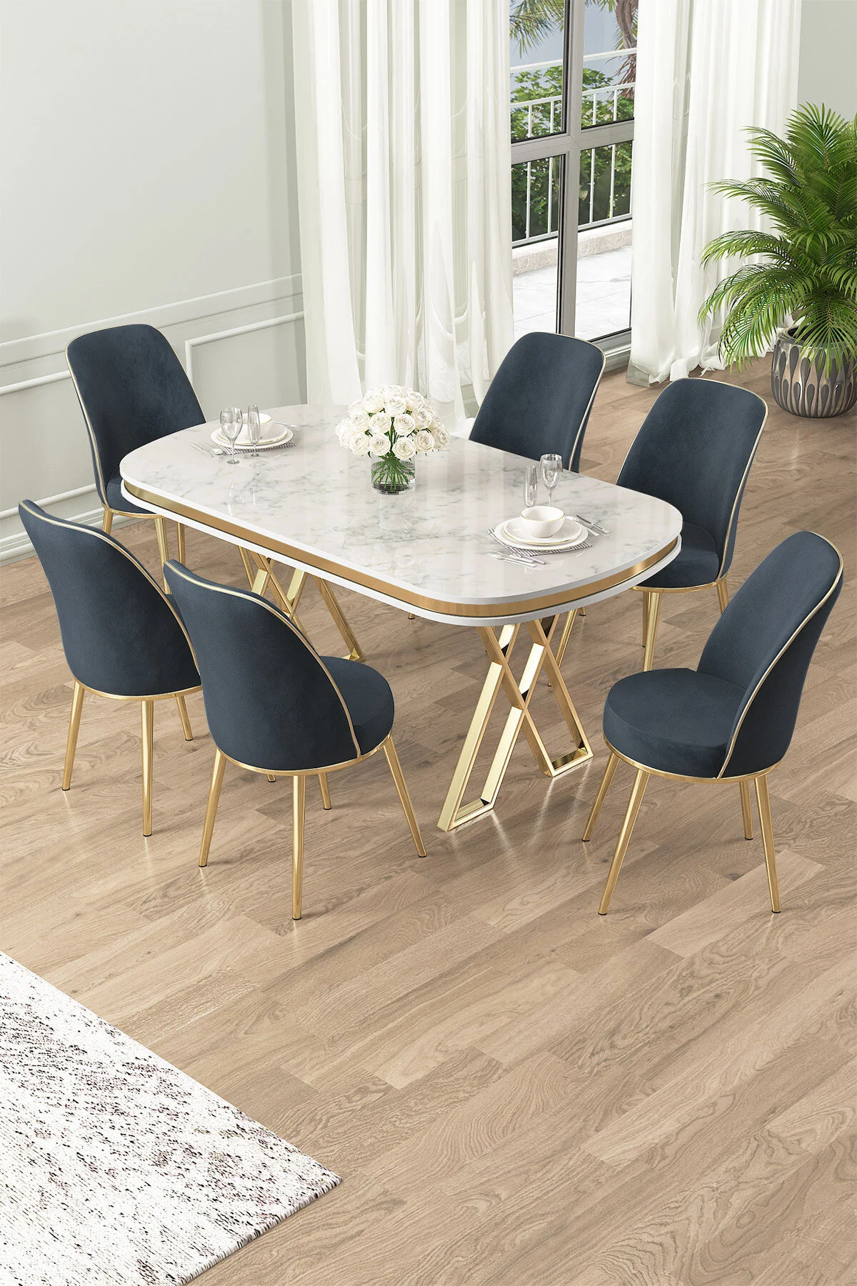 Canisa Lai Serisi 90x168 Lak Panel Beyaz Mermer Desen Gold Ayak Masa Takımı 6 Krem Sandalye