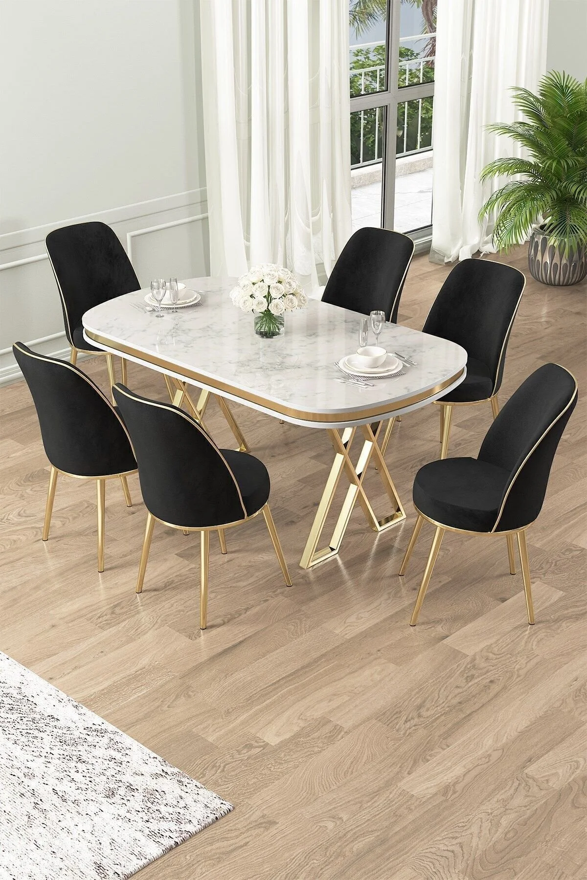 Canisa Lai Serisi 90x168 Lak Panel Beyaz Mermer Desen Gold Ayak Masa Takımı 6 Krem Sandalye