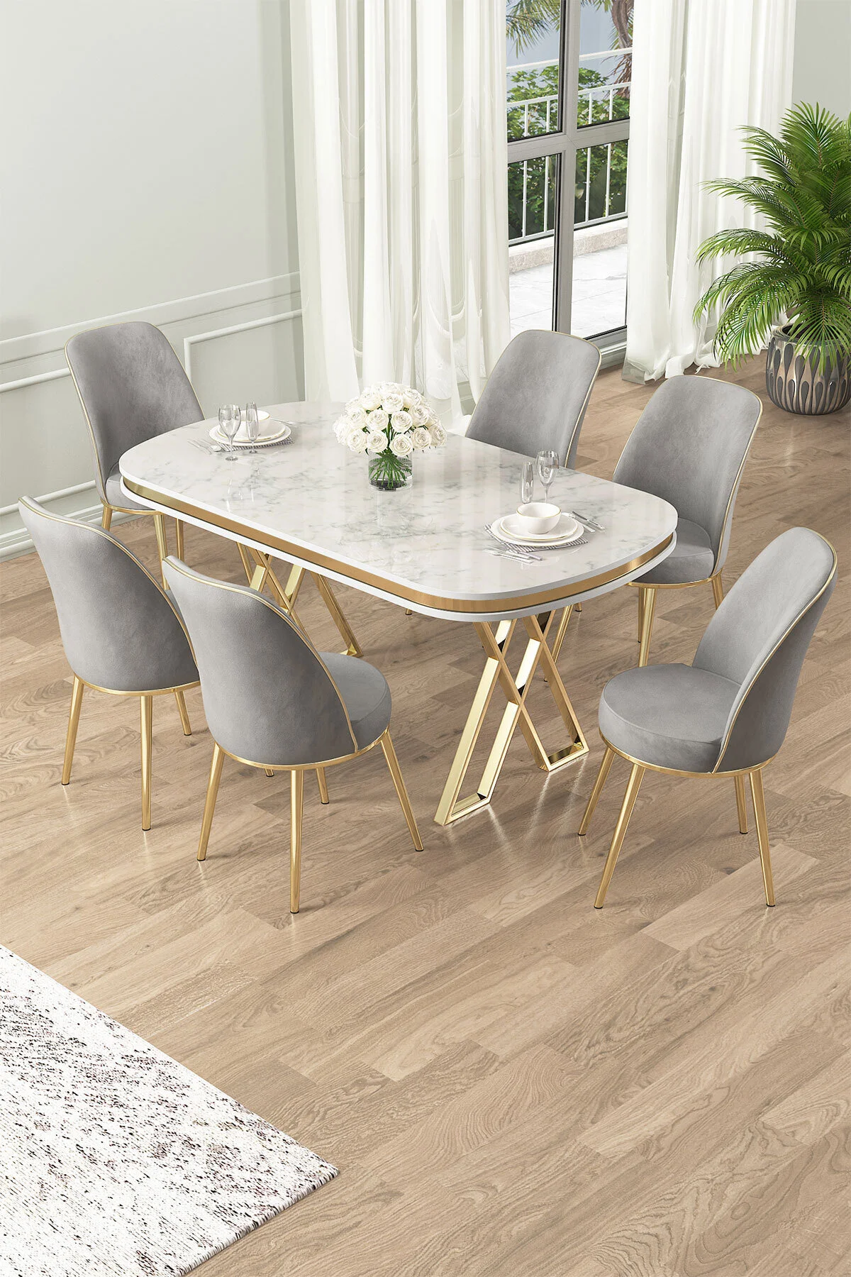 Canisa Lai Serisi 90x168 Lak Panel Beyaz Mermer Desen Gold Ayak Masa Takımı 6 Krem Sandalye