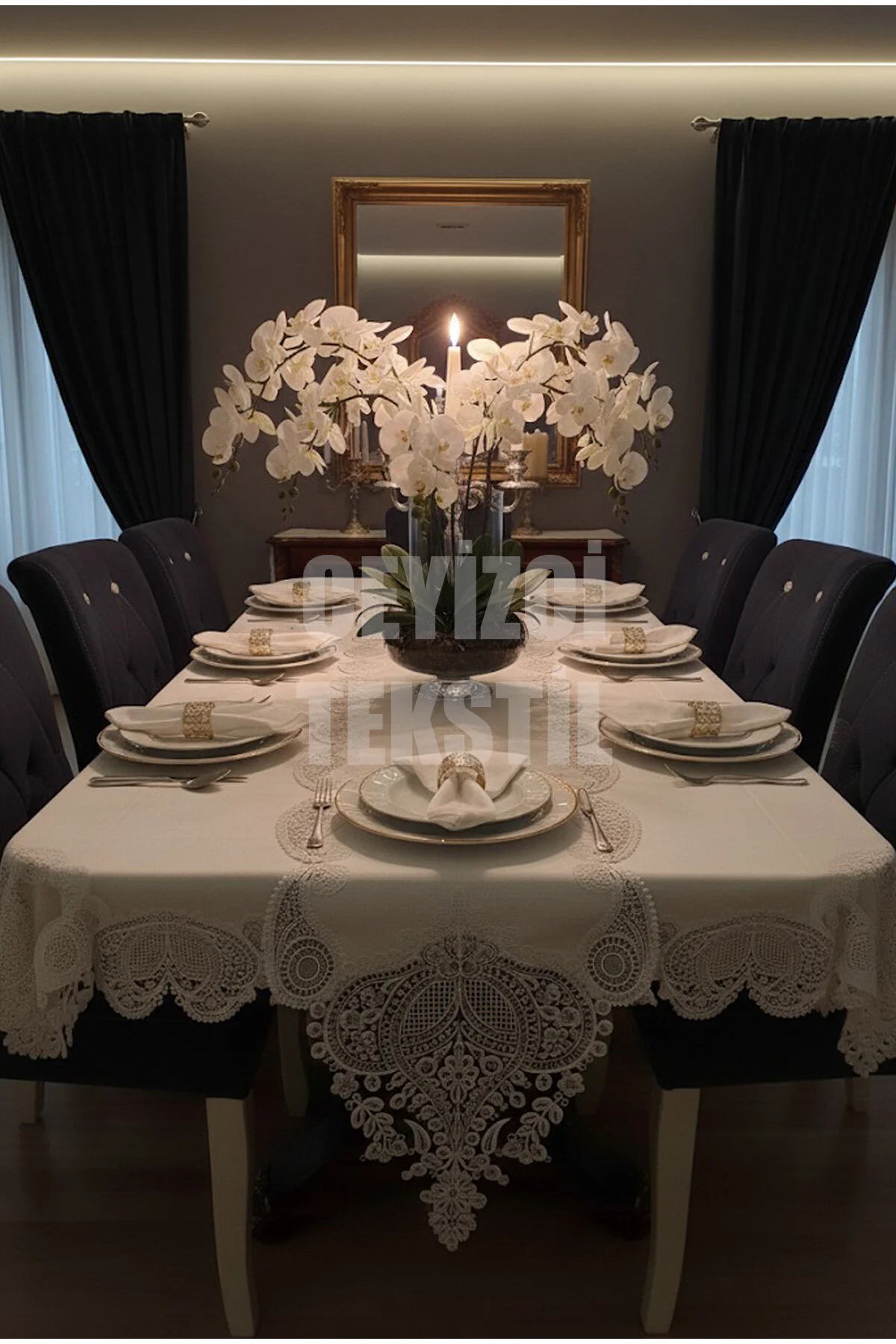 Çt Çeyizci Tekstil 12 Kişilik Masa Örtüsü Takımı, Masa Seti 12 Kişilik 26 Parça 160x220cm