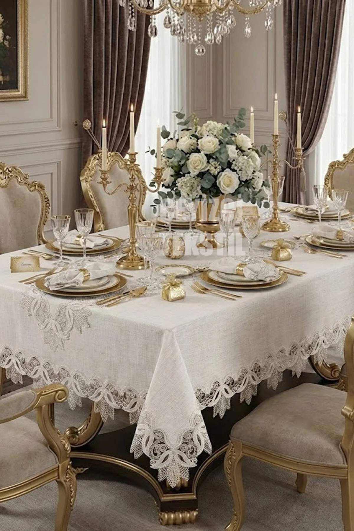 Çt Çeyizci Tekstil 12 Kişilik Masa Örtüsü Takımı, Masa Seti 12 Kişilik 26 Parça 160x220cm