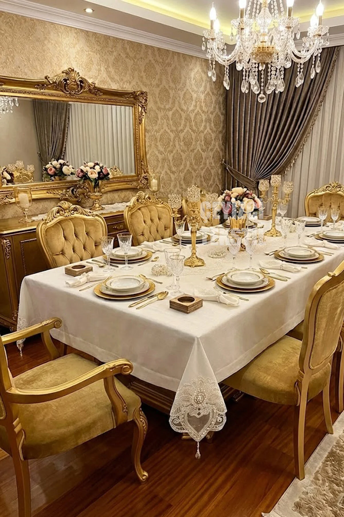 Çt Çeyizci Tekstil 12 Kişilik Masa Örtüsü Takımı, Masa Seti 12 Kişilik 26 Parça 160x220cm