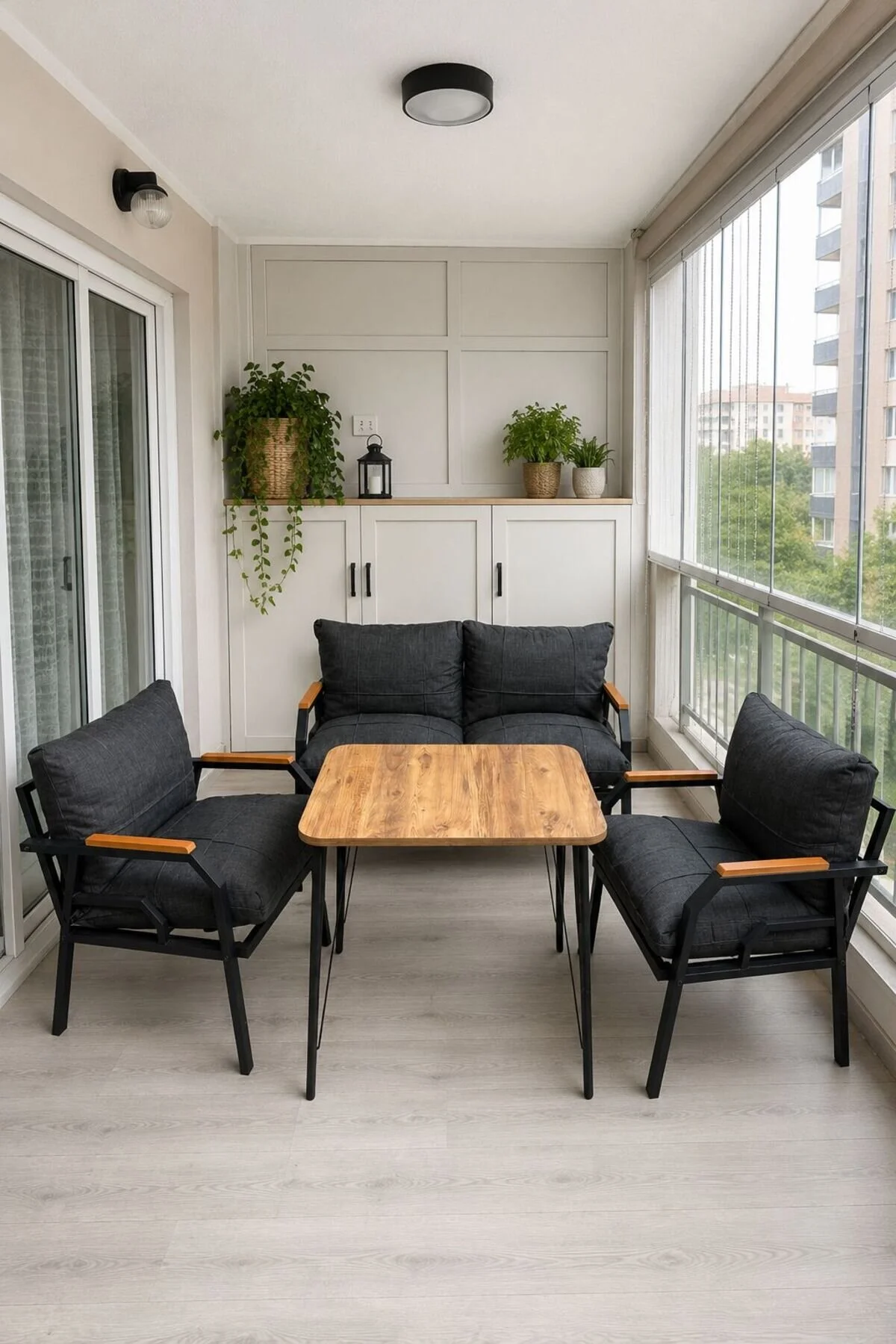 Dekoport Kutay Balkon Takımı, Bahçe Takımı, Çay Seti Koltuk Takımı, Metal Kanepe 2-1-1 50x80 Masalı Gri