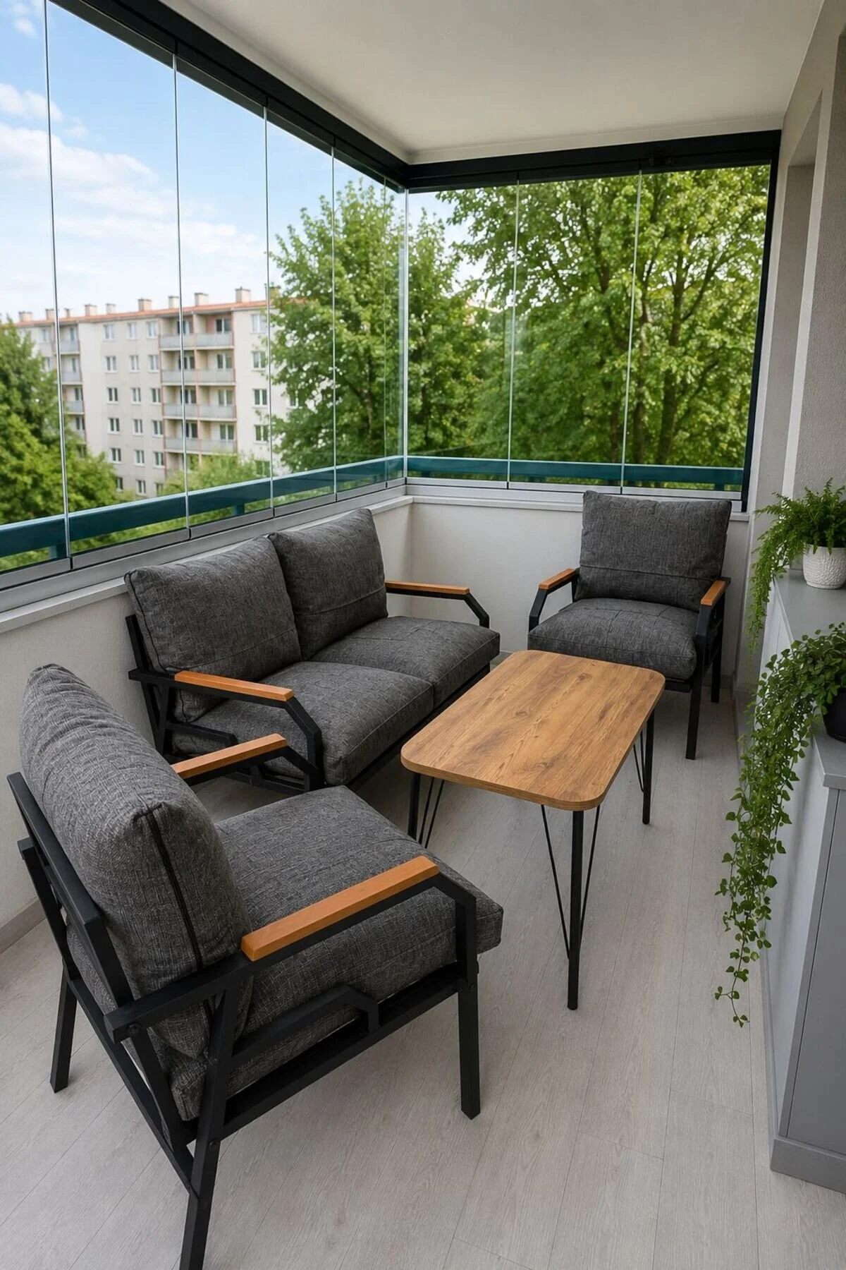 Dekoport Kutay Balkon Takımı, Bahçe Takımı, Çay Seti Koltuk Takımı, Metal Kanepe 2-1-1 50x80 Masalı Krem
