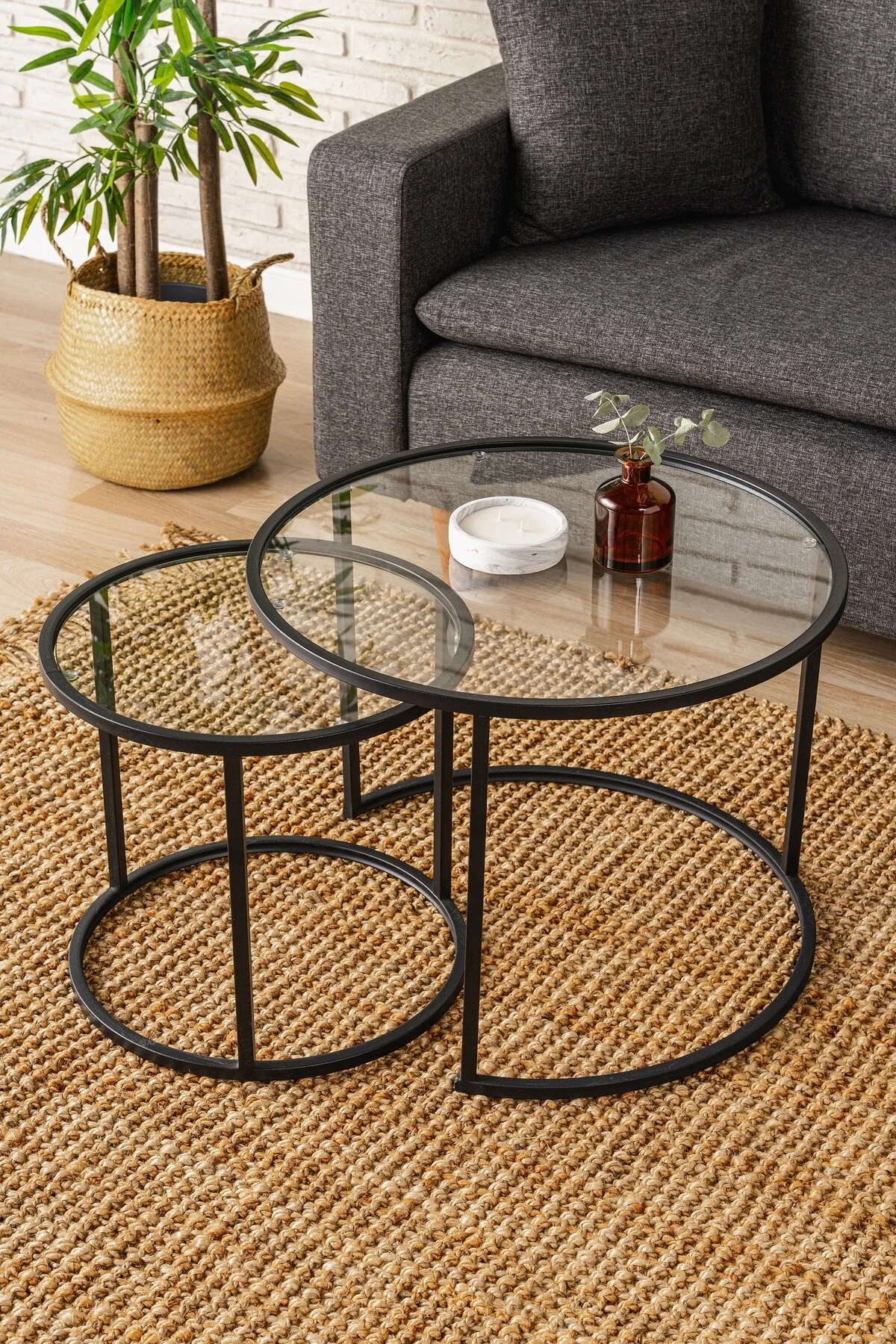 DEKOPRATİK - Tokyo Orta Sehpa 60cm - Ikili Yuvarlak Füme Camlı Orta Masa Takımı