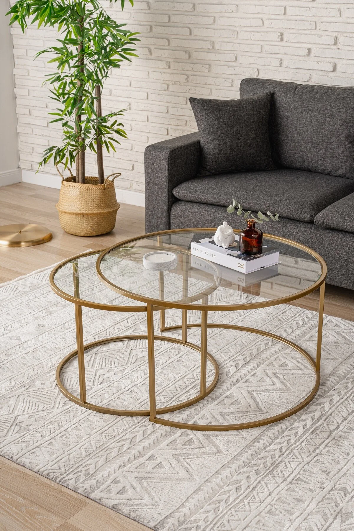 DEKOPRATİK - Tokyo Orta Sehpa 60cm - Ikili Yuvarlak Füme Camlı Orta Masa Takımı