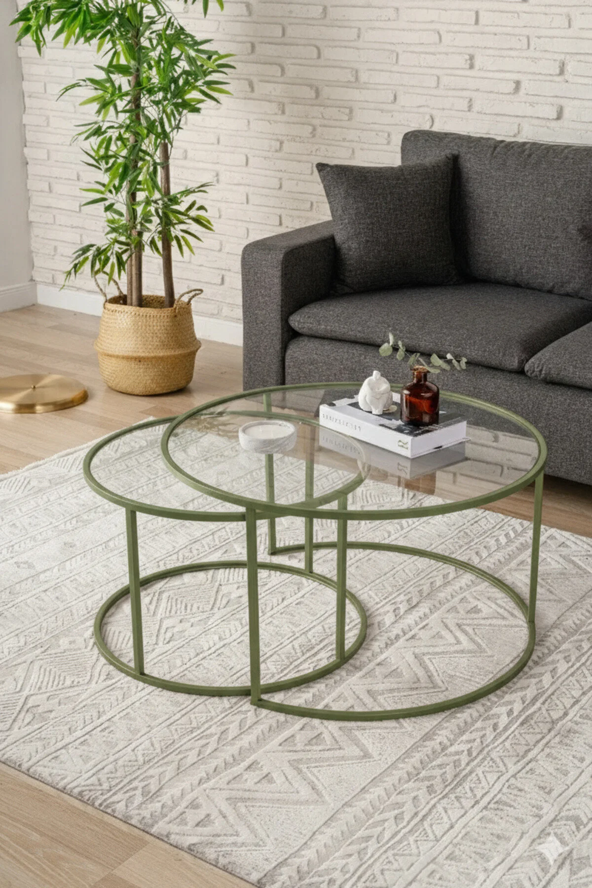 DEKOPRATİK - Tokyo Orta Sehpa 60cm - Ikili Yuvarlak Füme Camlı Orta Masa Takımı