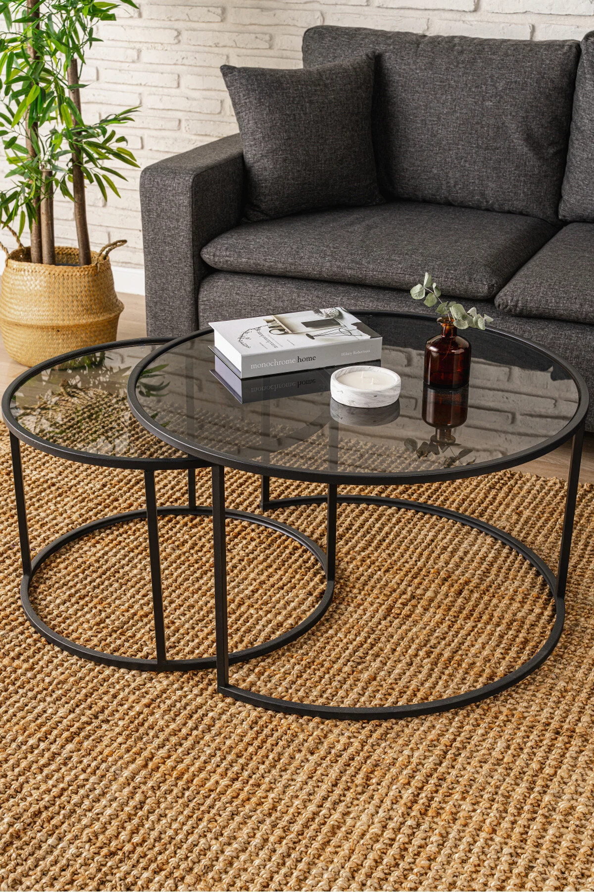 DEKOPRATİK - Tokyo Orta Sehpa 60cm - Ikili Yuvarlak Füme Camlı Orta Masa Takımı