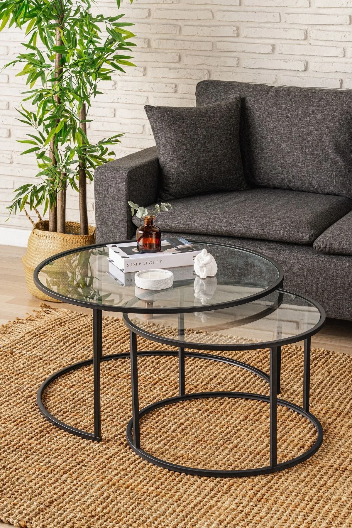 DEKOPRATİK - Tokyo Orta Sehpa 60cm - Ikili Yuvarlak Füme Camlı Orta Masa Takımı