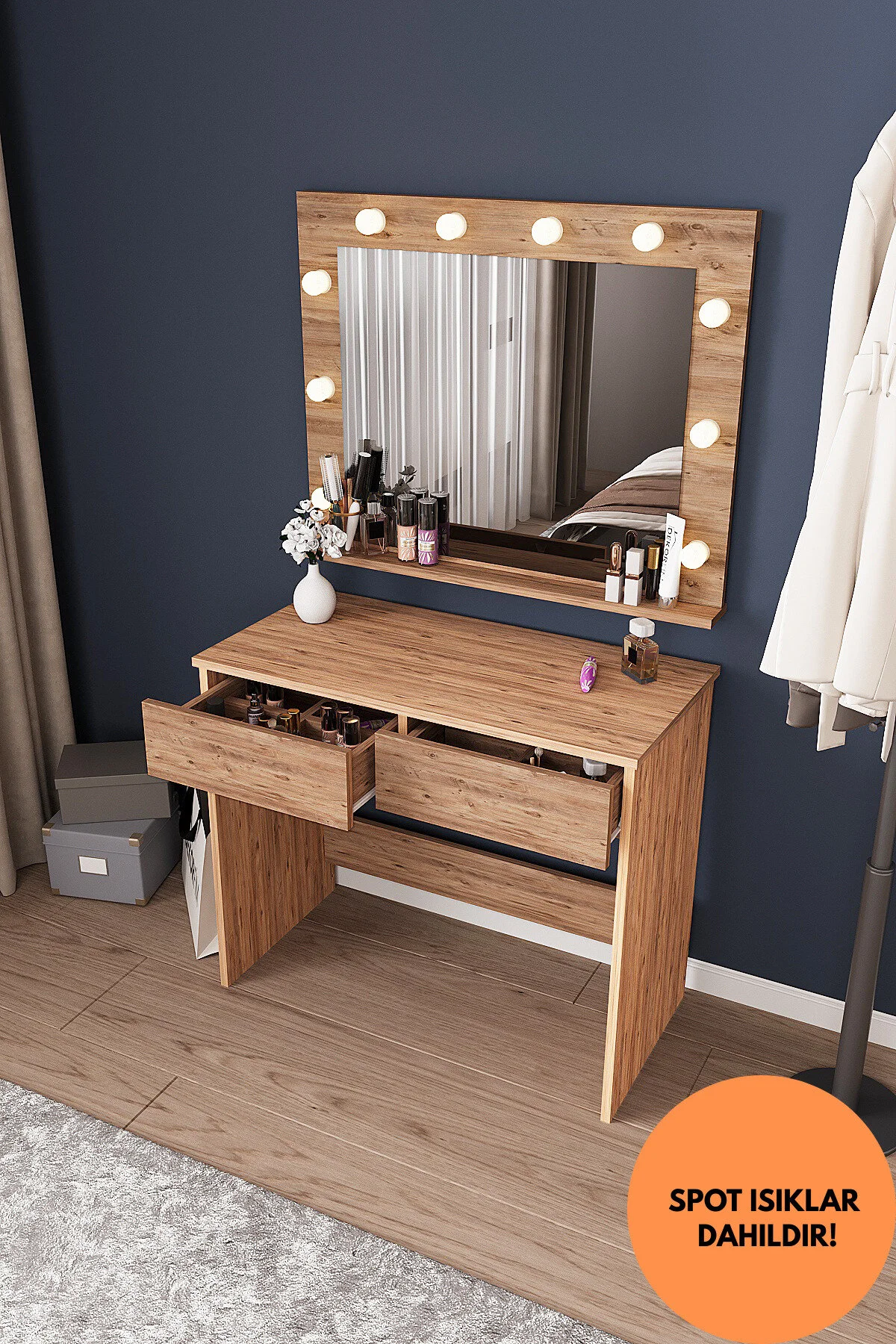 dekor fim DF02108B LED Işıklı Aynalı Holywood Makyaj Masası, Bölmeli Çekmeceli Organizer Kozmetik Masası