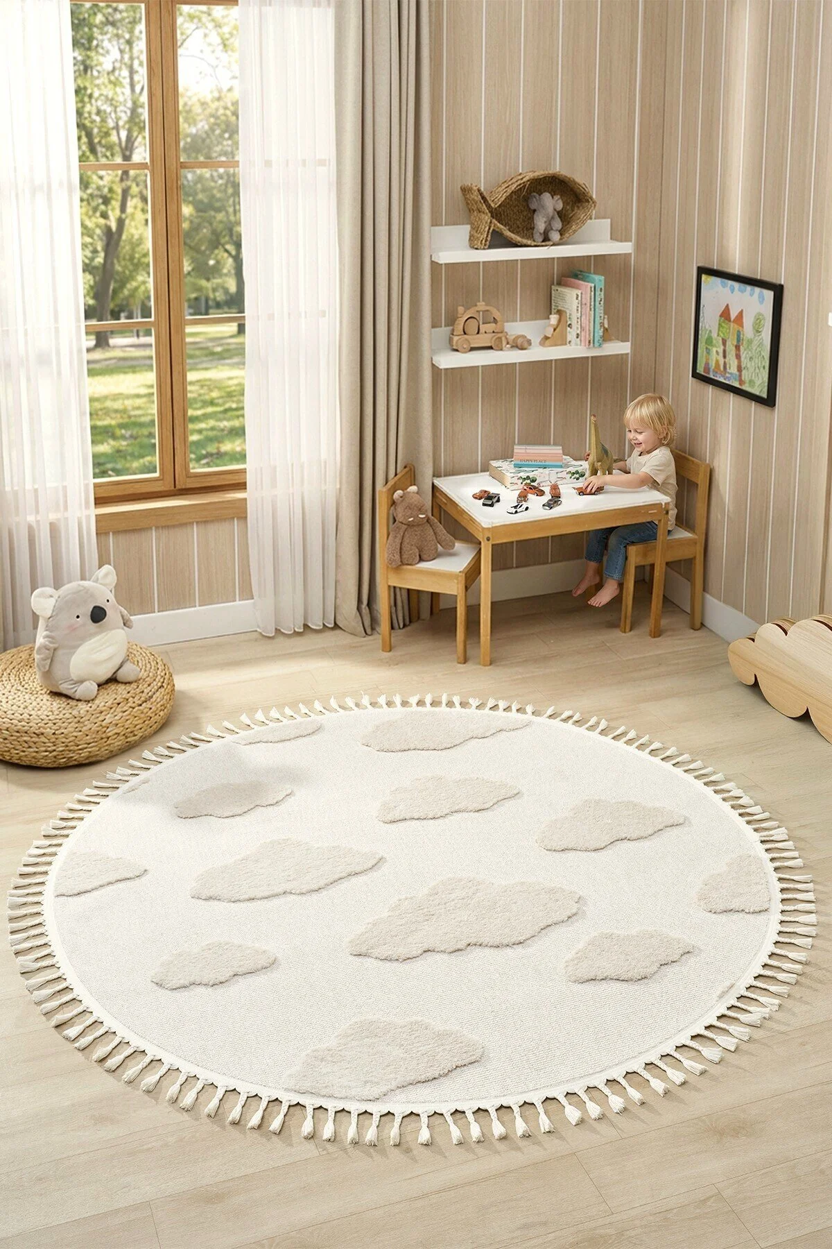 Eliz Home Bulut Desenli Krem Renk Dokuma Halı Bebek Odası Çocuk Odası Halısı 1
