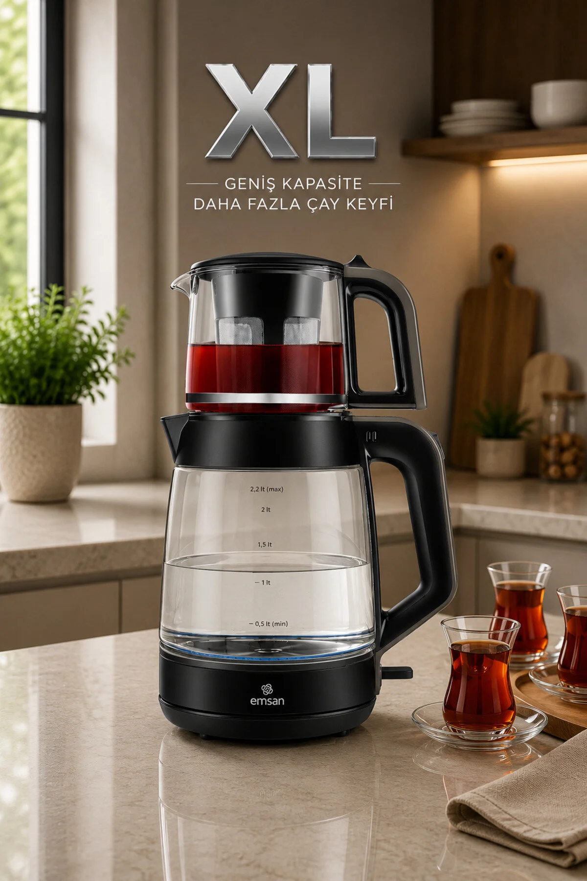 Emsan Glass Tea XL 2 in 1 Cam Çay Makinesi ve Kettle Shiny Black