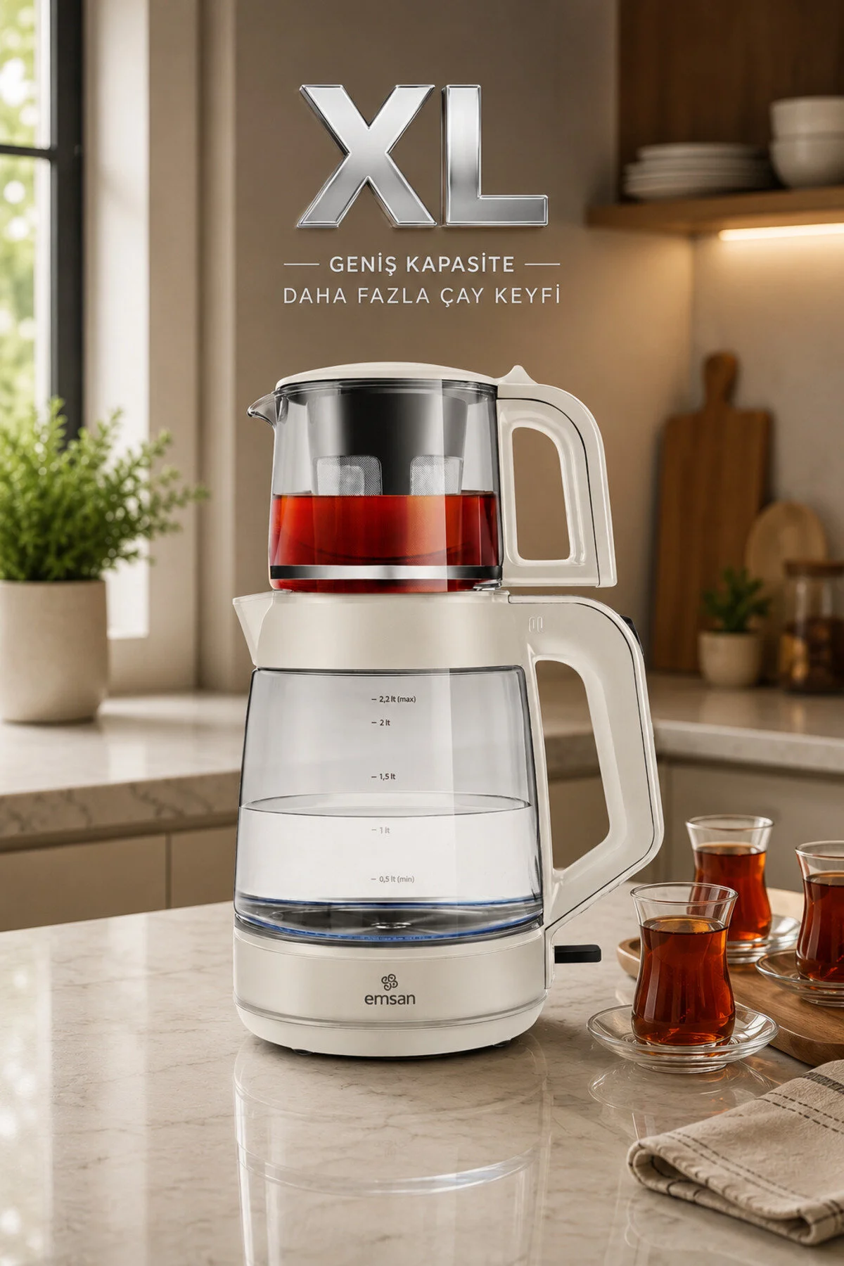 Emsan Glass Tea XL 2 in 1 Cam Çay Makinesi ve Kettle Shiny Black