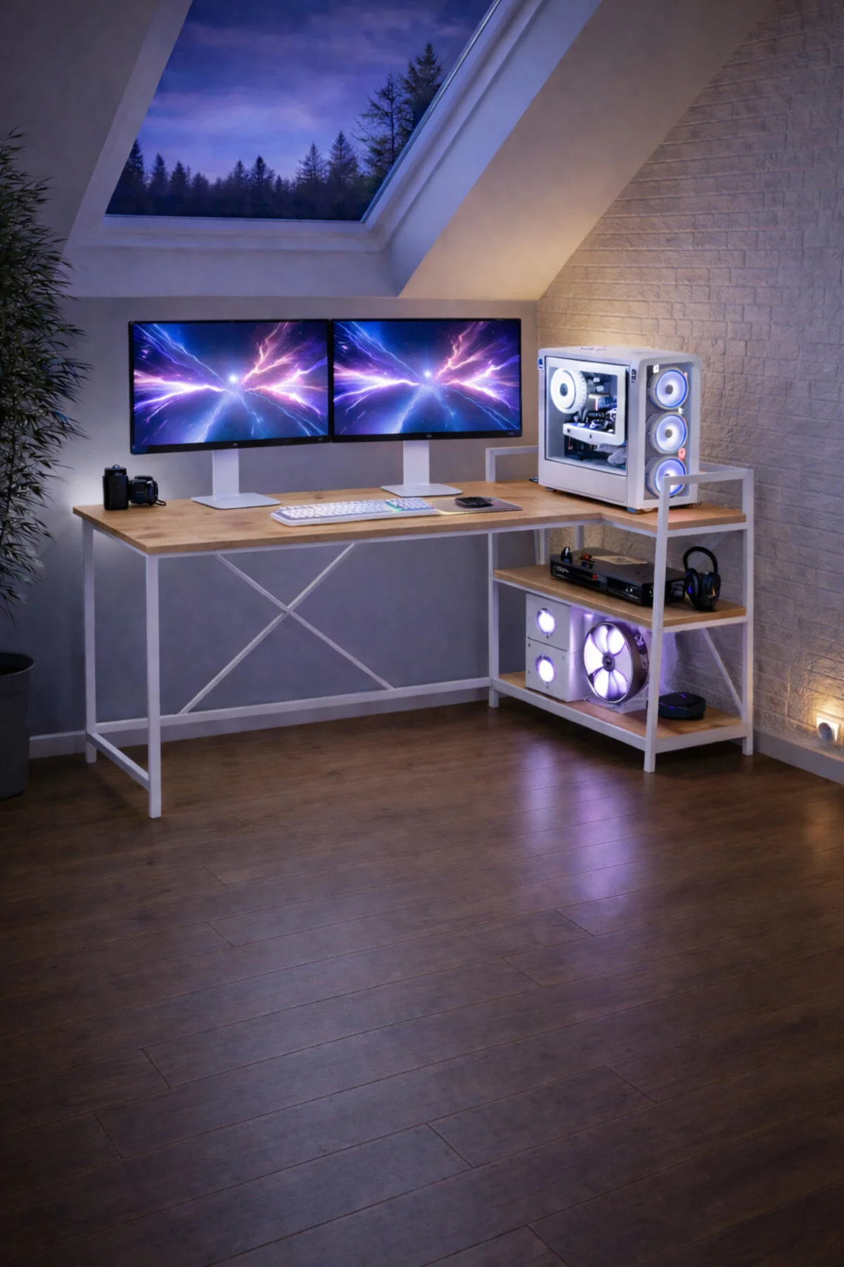 Flinder Siyah/Beyaz Çift Yön Kullanıma Uygun, Raflı Gaming Oyuncu Masası, Bilgisayar Masası, Çalışma Masası
