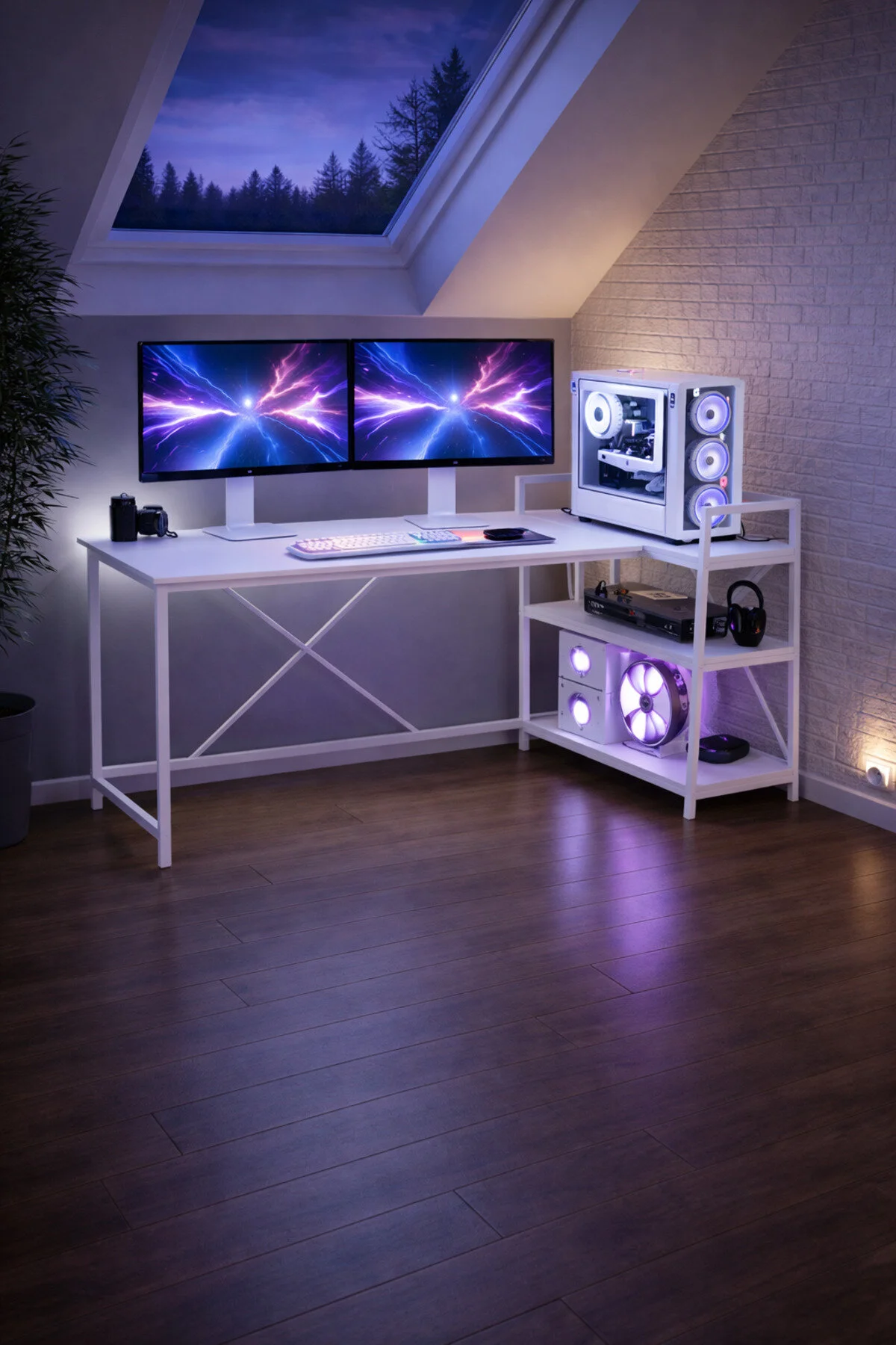 Flinder Siyah/Beyaz Çift Yön Kullanıma Uygun, Raflı Gaming Oyuncu Masası, Bilgisayar Masası, Çalışma Masası