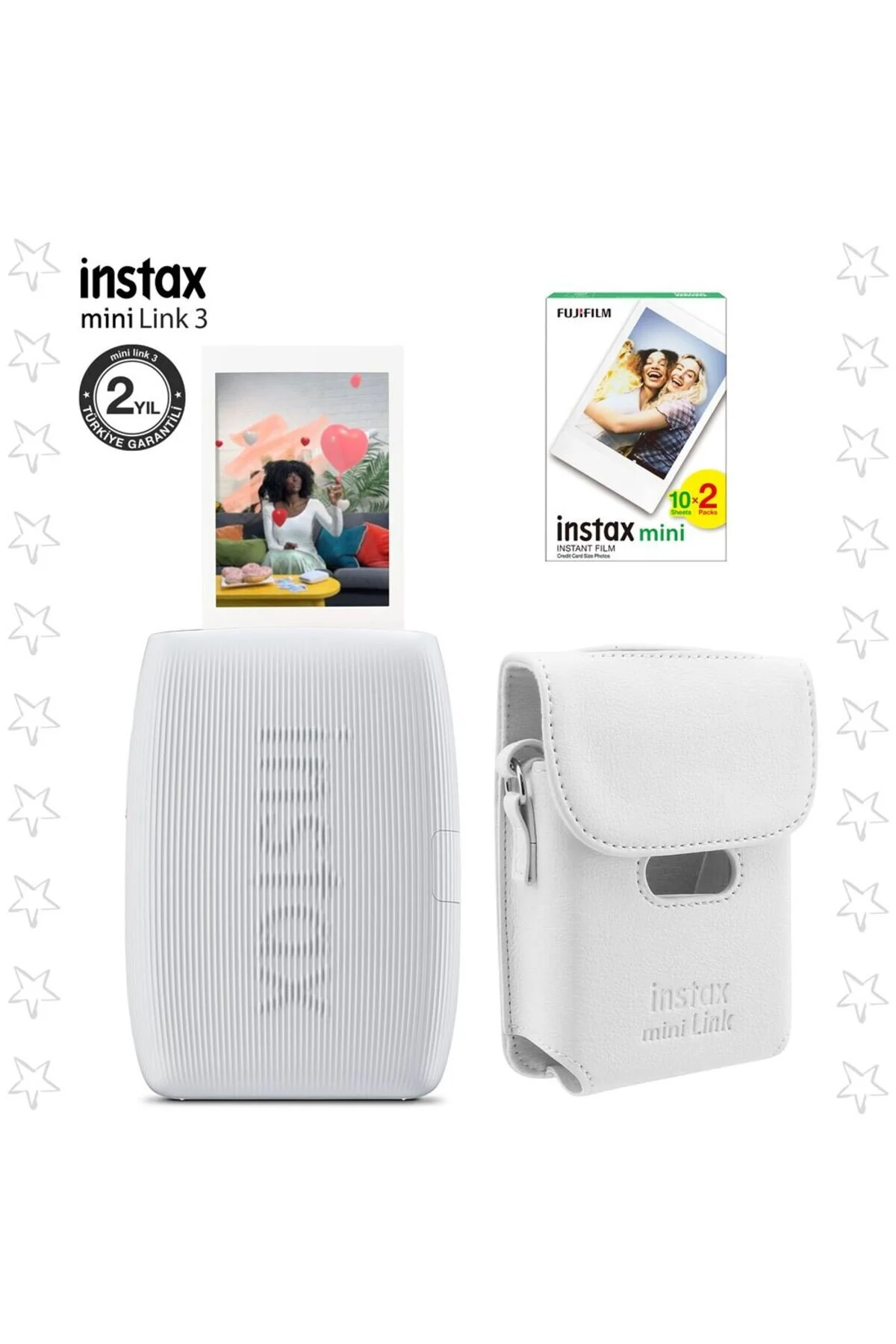 Fujifilm Instax Mini Link 3 Pembe Akıllı Telefon Yazıcısı Beyaz Çanta ve 20'li Mini Film