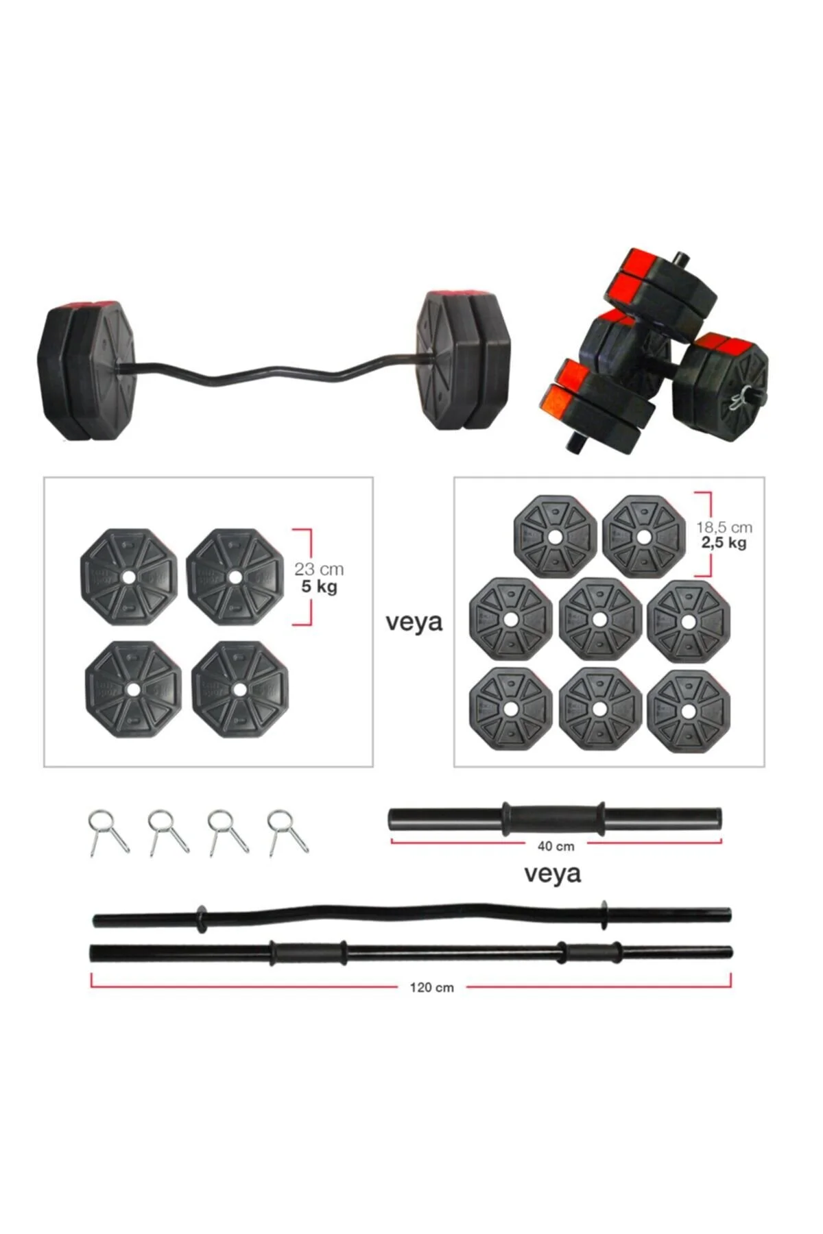 Genel Markalar 50 Kg (150 Cm) Düz Bar + Z Bar Dambıl Dumbell Ağırlık Halter Full Set Kırmızı Kapaklı
