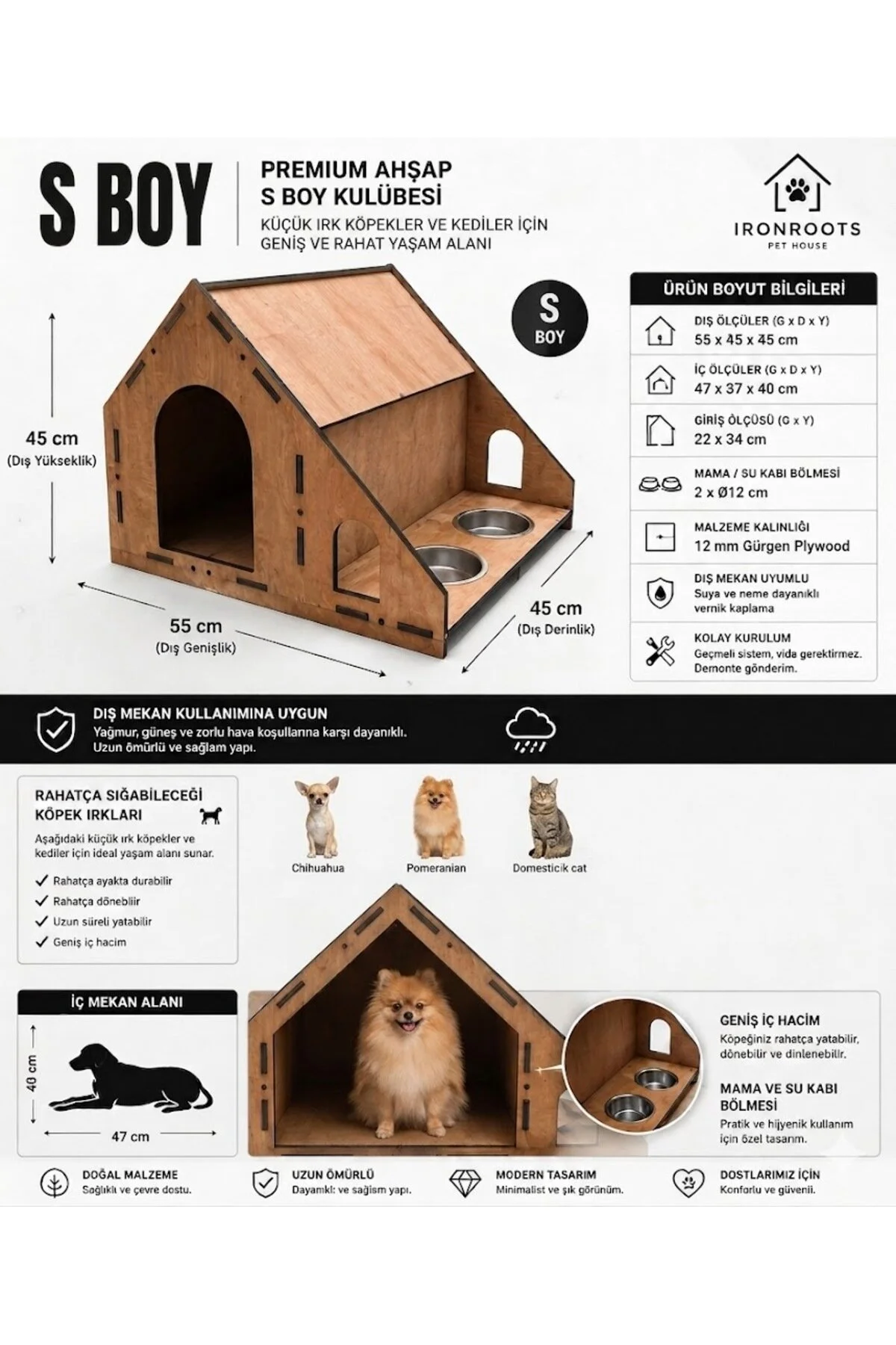 GreenFeedBox Köpek Kulübesi-Marin Kontra Dış Kullanıma Uygun 3 Farklı Boyuta Hayvan Kulübesi