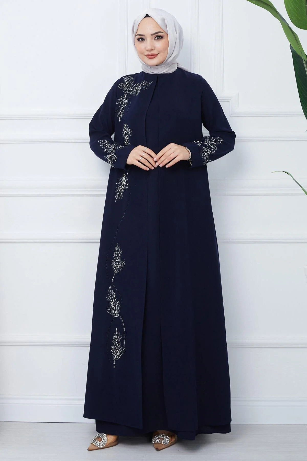 hafsamina Büyük Beden Yaprak Taşlı Anne Elbisesi Siyah HM2350
