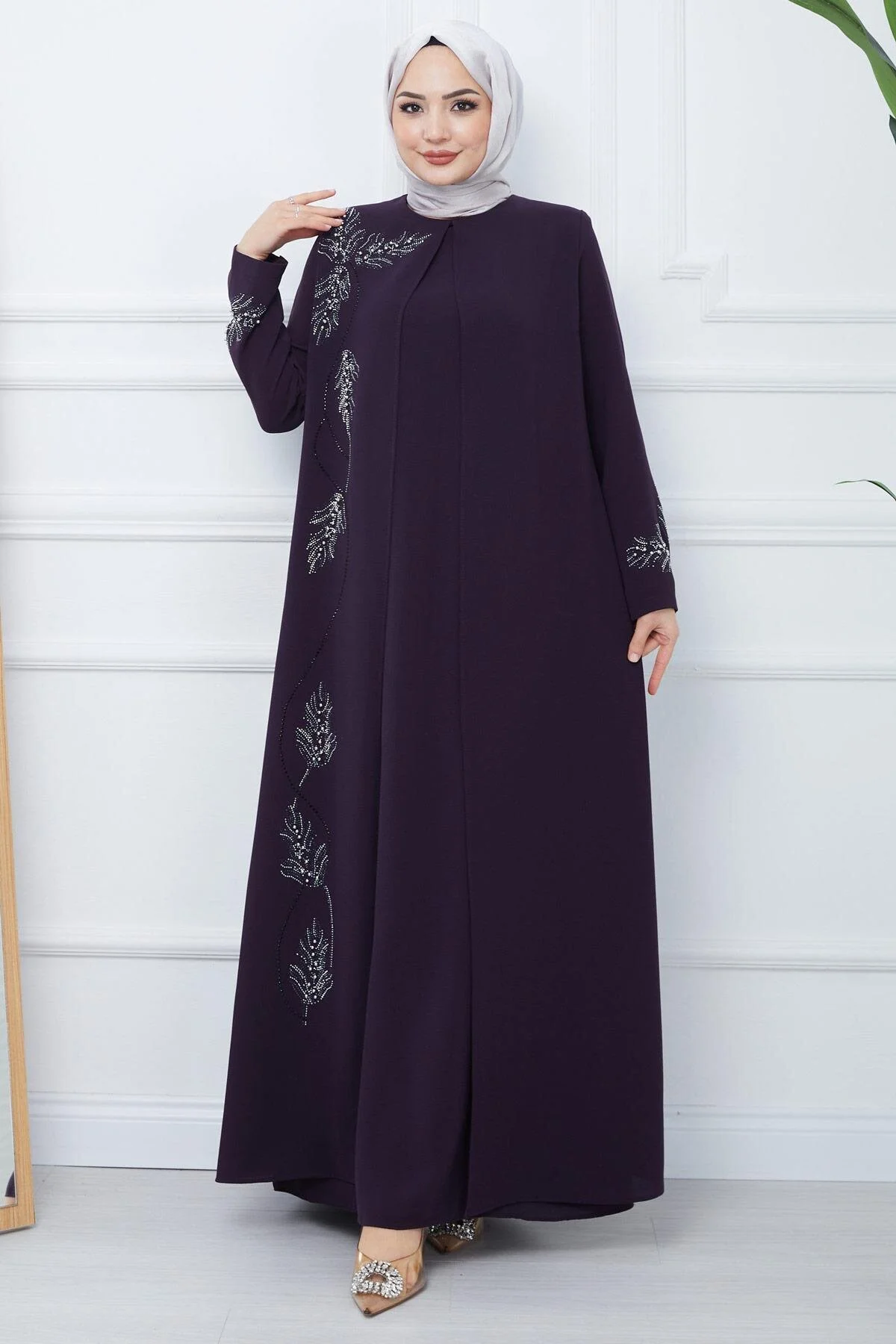 hafsamina Büyük Beden Yaprak Taşlı Anne Elbisesi Siyah HM2350