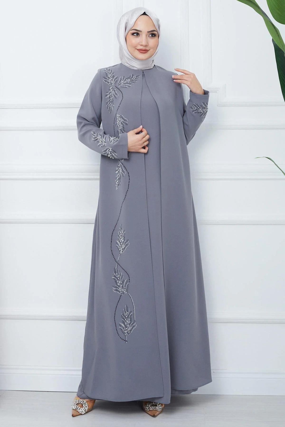 hafsamina Büyük Beden Yaprak Taşlı Anne Elbisesi Siyah HM2350