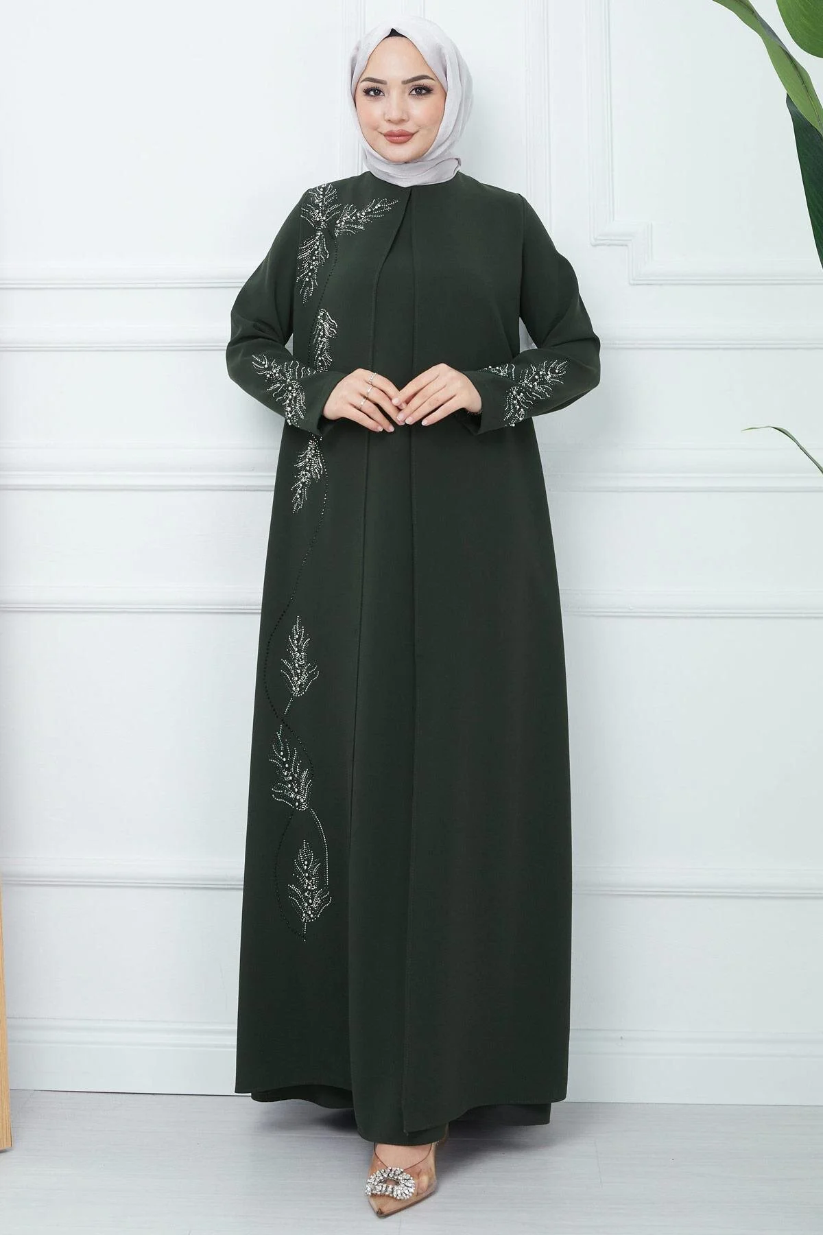 hafsamina Büyük Beden Yaprak Taşlı Anne Elbisesi Siyah HM2350