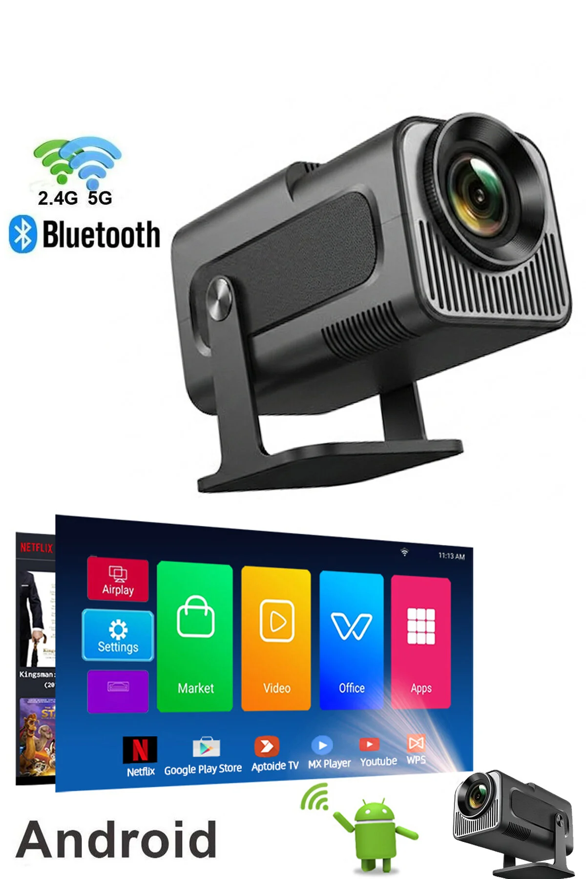 Happy Owl Taşınabilir Sinema Projektörü 4K Ev Sineması Android 12 130" inç Yansıtma Projeksiyon.