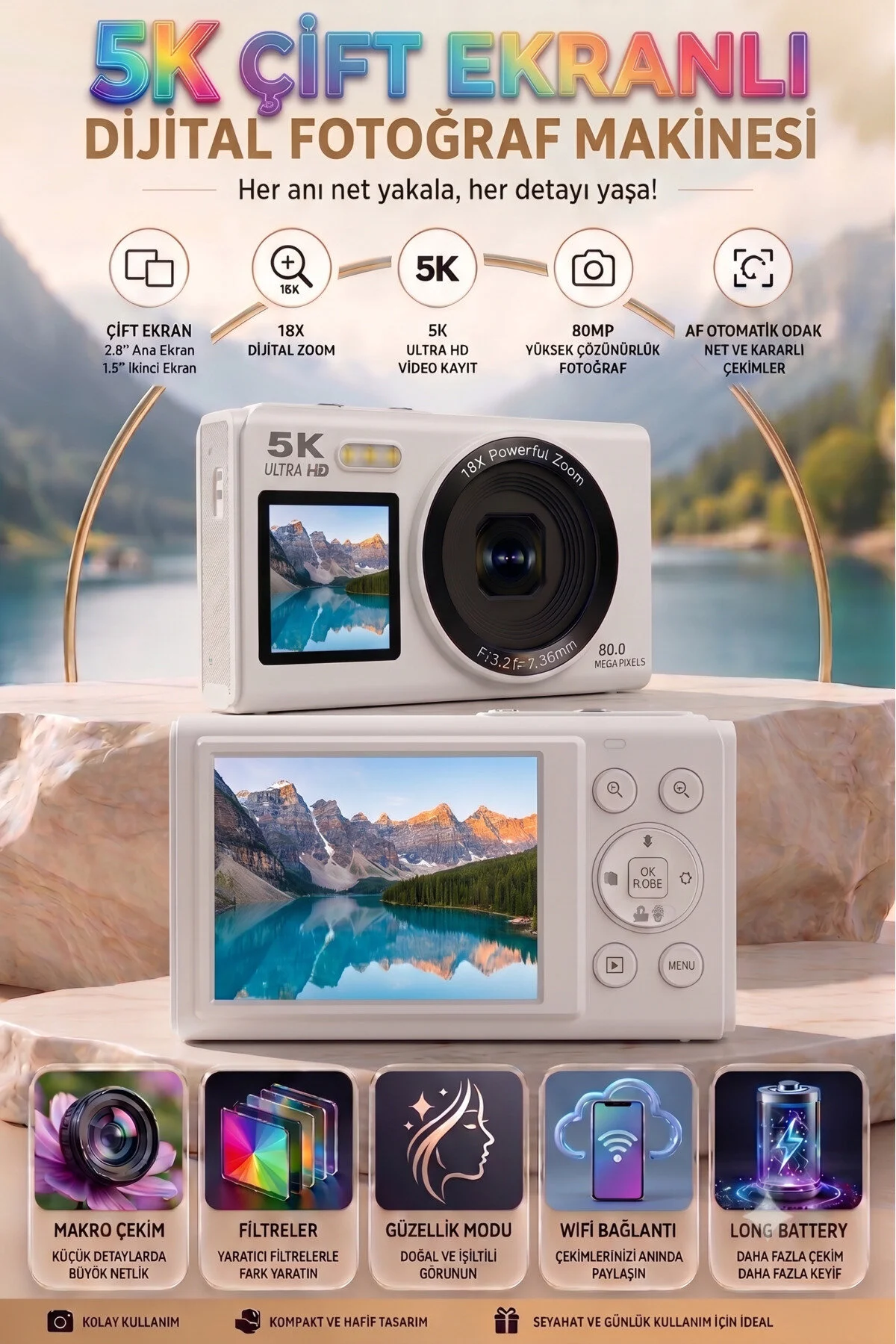 KAZEMTECH 5K Dijital Retro Video Kamera Çift Ekran 80MP / 18X Zoom / SD Kart Hediyeli /Dijital Vlog Fotoğraf Makinesi