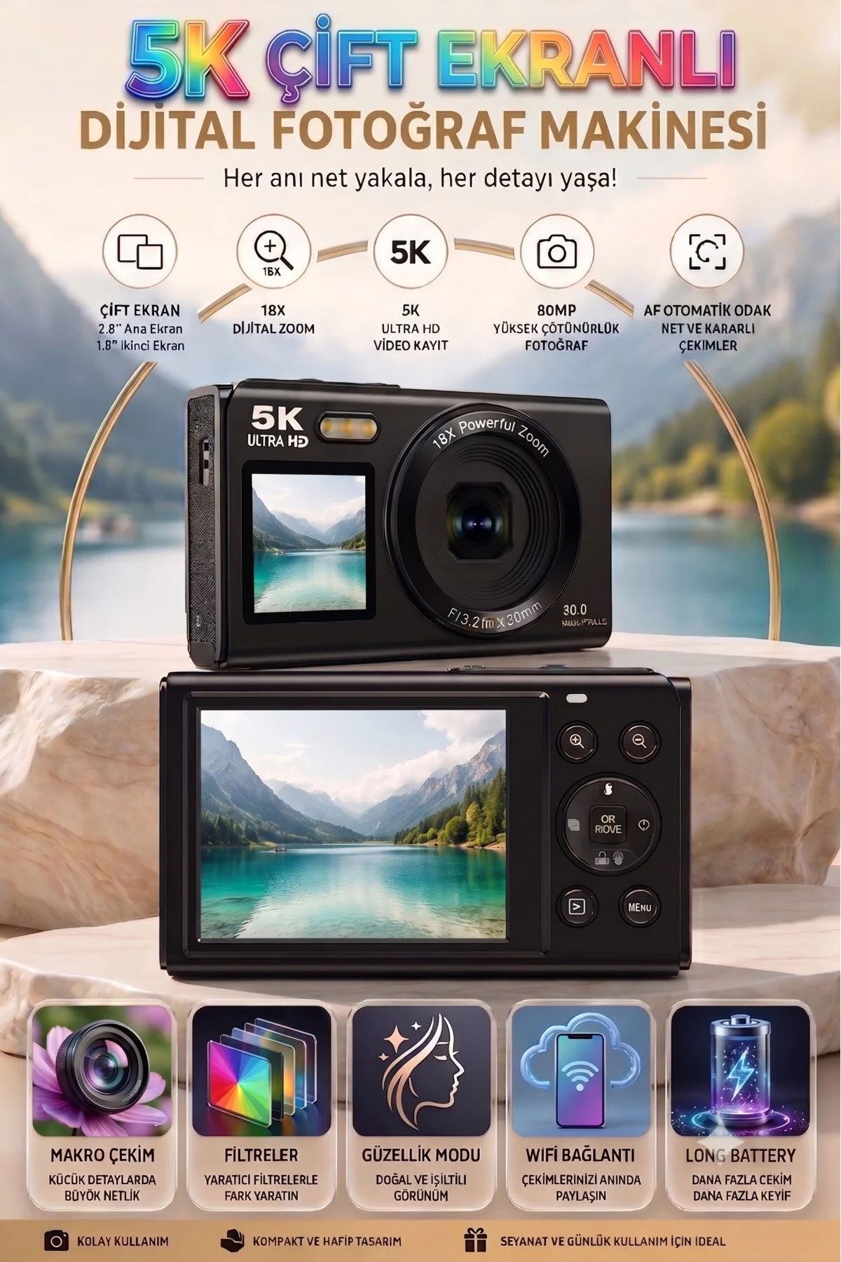 KAZEMTECH 5K Dijital Retro Video Kamera Çift Ekran 80MP / 18X Zoom / SD Kart Hediyeli /Dijital Vlog Fotoğraf Makinesi