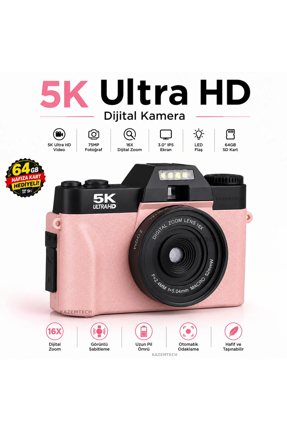 KAZEMTECH Dijital Kamera 5K Ultra HD Vlog Kamerası Güçlendirilmiş Lens 75MP 16X Zoom Flaşlı (64GB) Kart Çift Bataryalı Fotoğraf Makinesi