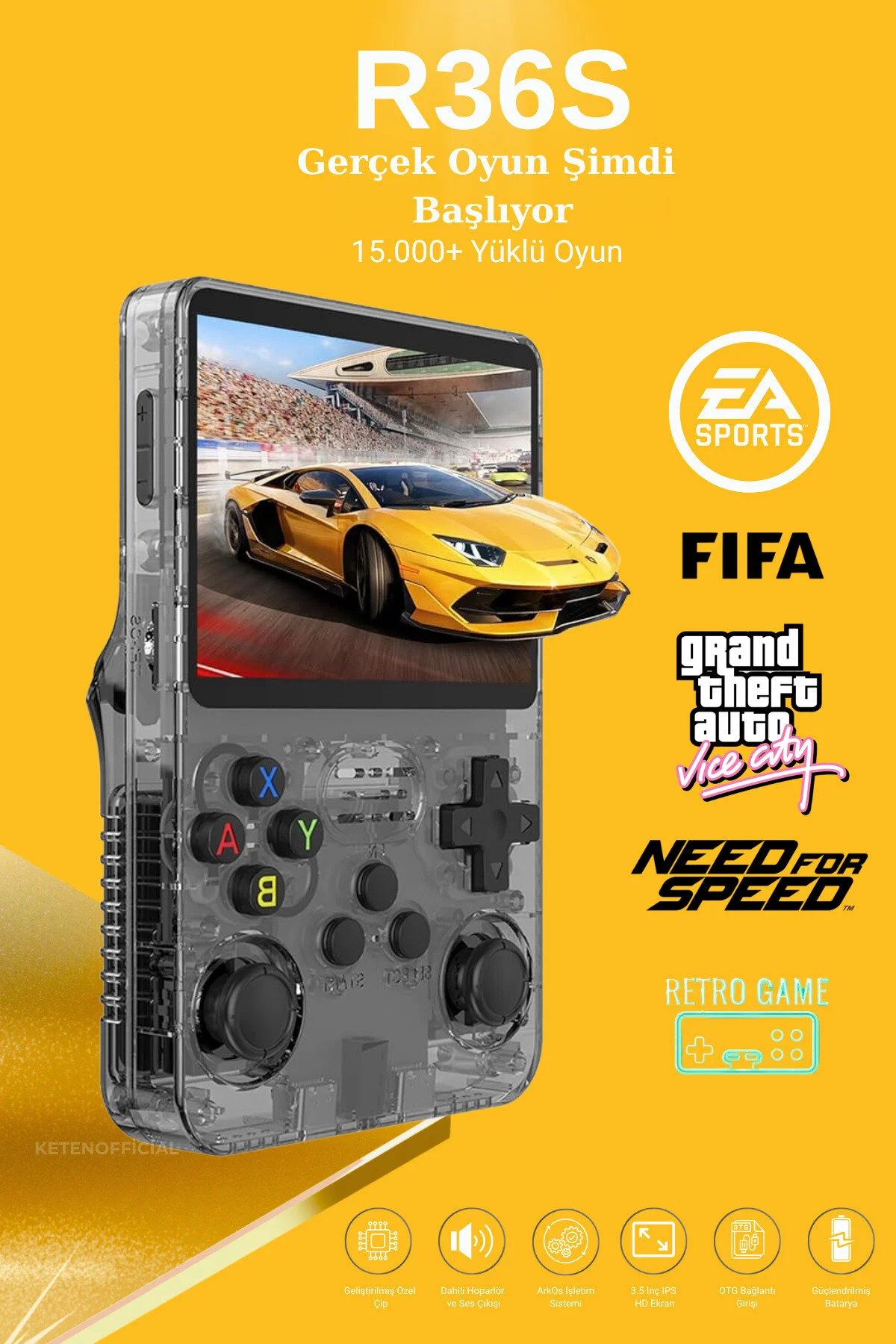 KETENOFFİCİAL R36S Retro Oyun Konsolu 15.000+ Konsol Oyunu Yeni Nesil El Atarisi 64 Gb Hd Ekran Beyaz