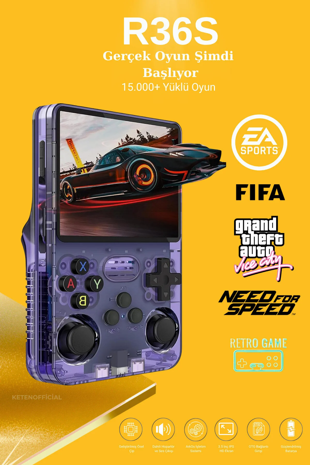 KETENOFFİCİAL R36S Retro Oyun Konsolu 15.000+ Konsol Oyunu Yeni Nesil El Atarisi 64 Gb Hd Ekran Beyaz