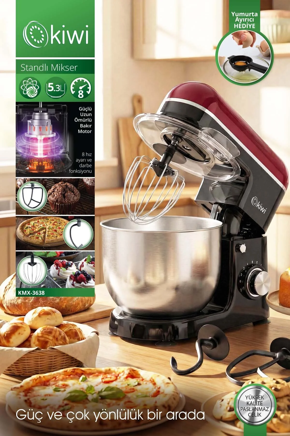 Kiwi Kmx-3638 Hamur Yoğurma & Stand Mikser 5,3 Lt 1300w 8 Hız Kademeli Mutfak Şefi Beyaz