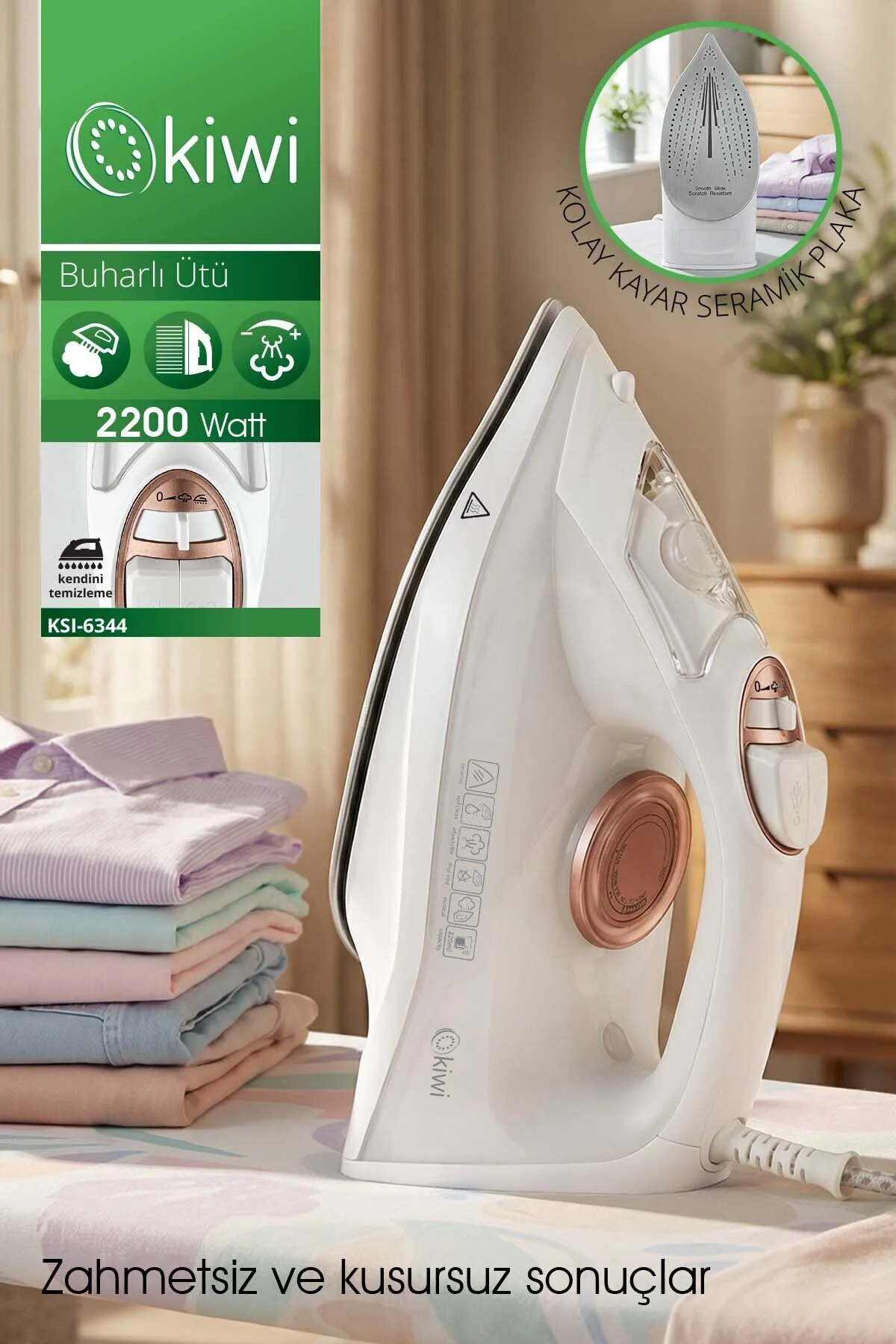 Kiwi KSI-6344 Buharlı Ütü | 2200 Watt, Seramik Taban, 90g Şok Buhar, 220ml Su Haznesi