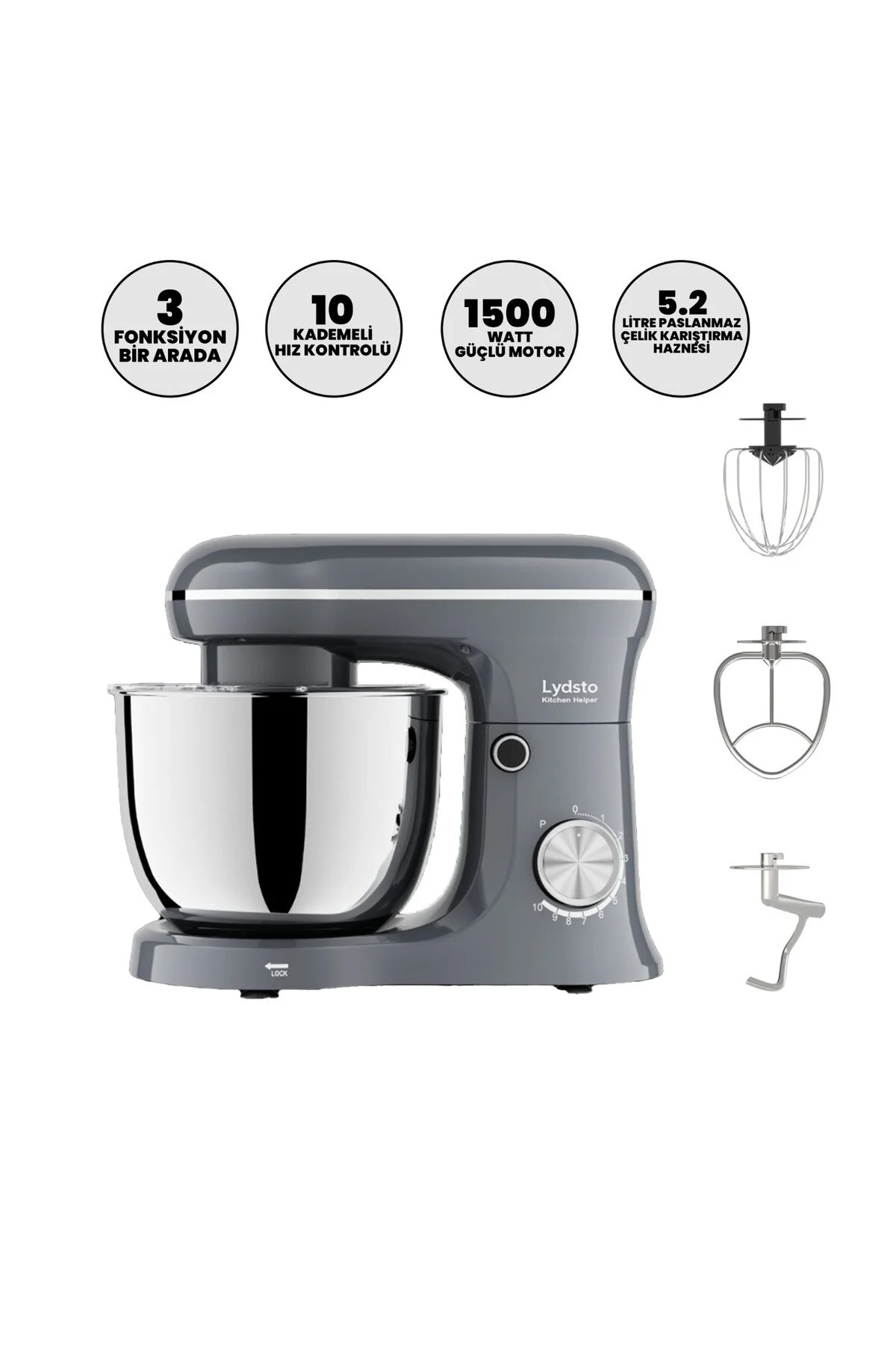 Lydsto Kitchen Helper Pv-4700 1500w-5.2 Litre -10 Kademe Hız Ayarı Stand Mikser Hamur Yoğurma Makinesi Krem