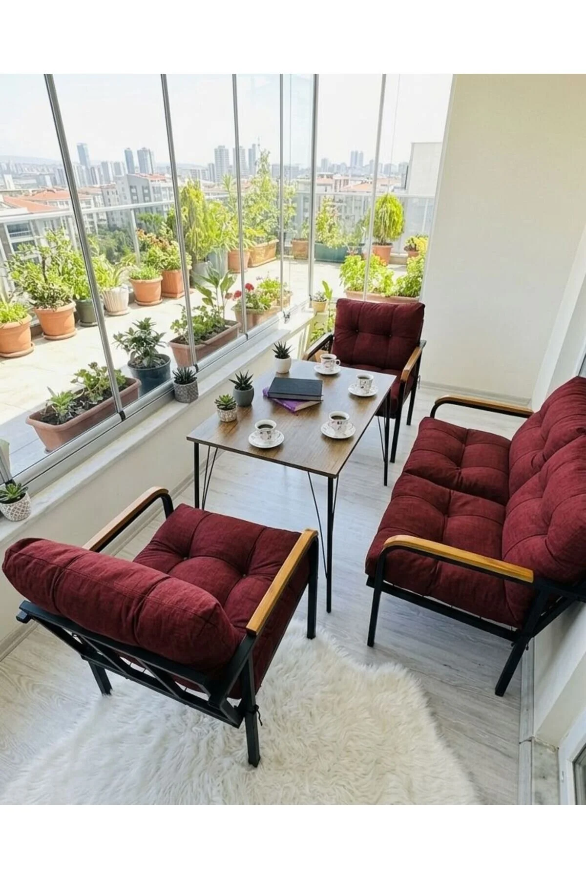 Madame Home Açelya Balkon, Bahçe, Cafe - Salon - Metal Kanepe Koltuk Takımı 3+1+1 + Masa