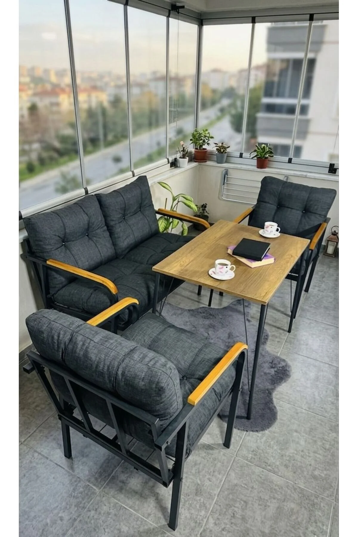 Madame Home Gri Kadife Balkon, Bahçe,Teras,Cafe - Salon - Metal Kanepe Koltuk Takımı - 2+1+1 + Masa